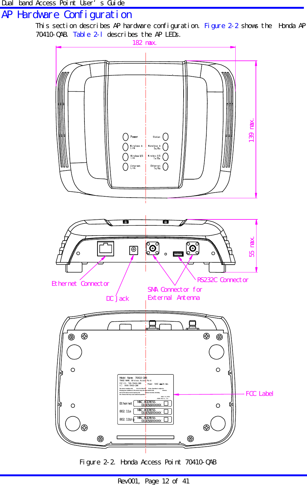 Dual band Access Point User&rsquo;s Guide Rev001, Page 12 of 41 AP Hardware Configuration This section describes AP hardware configuration. Figure 2-2 shows the  Honda AP 70410-QAB. Table 2-l describes the AP LEDs.                       Figure 2-2. Honda Access Point 70410-QAB 139 max.182 max.55 max.SMA Connector forExternal AntennaEthernet ConnectorDC JackRS232C ConnectorFCC Label00305BXXXXXX00305BXXXXXX00305BXXXXXXMAC ADDRESSMAC ADDRESSMAC ADDRESSTRADE NAME: Wireless Access PointModel Name: 70410-QABIC : XXXX-70410-QABFCC ID : T4S-70410-QABThis device complies with P art 15 of the FCC R ules. Operation is subject tofollowing two conditions:(1) this device may not cause harmful inte r ference.and (2) this device must accept any inte r ference received, includinginte rference that may cause undesired operation .802.11b/g802.11aEthernetHONDA R&amp;D Co.,Ltd.MADE IN JAPANPower: 5VDC   ,2A max.