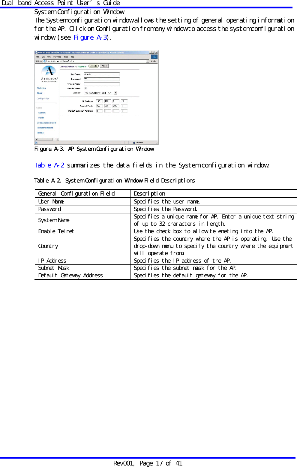 Dual band Access Point User&rsquo;s Guide Rev001, Page 17 of 41 System Configuration Window The System configuration window allows the setting of general operating information for the AP. Click on Configuration from any window to access the system configuration window (see Figure A-3).   Figure A-3. AP System Configuration Window  Table A-2 summarizes the data fields in the System configuration window.  Table A-2. System Configuration Window Field Descriptions      General Configuration Field  Description User Name  Specifies the user name. Password  Specifies the Password. System Name  Specifies a unique name for AP. Enter a unique text string of up to 32 characters in length. Enable Telnet  Use the check box to allow teleneting into the AP. Country  Specifies the country where the AP is operating. Use the drop-down menu to specify the country where the equipment will operate from. IP Address  Specifies the IP address of the AP. Subnet Mask  Specifies the subnet mask for the AP. Default Gateway Address  Specifies the default gateway for the AP. 
