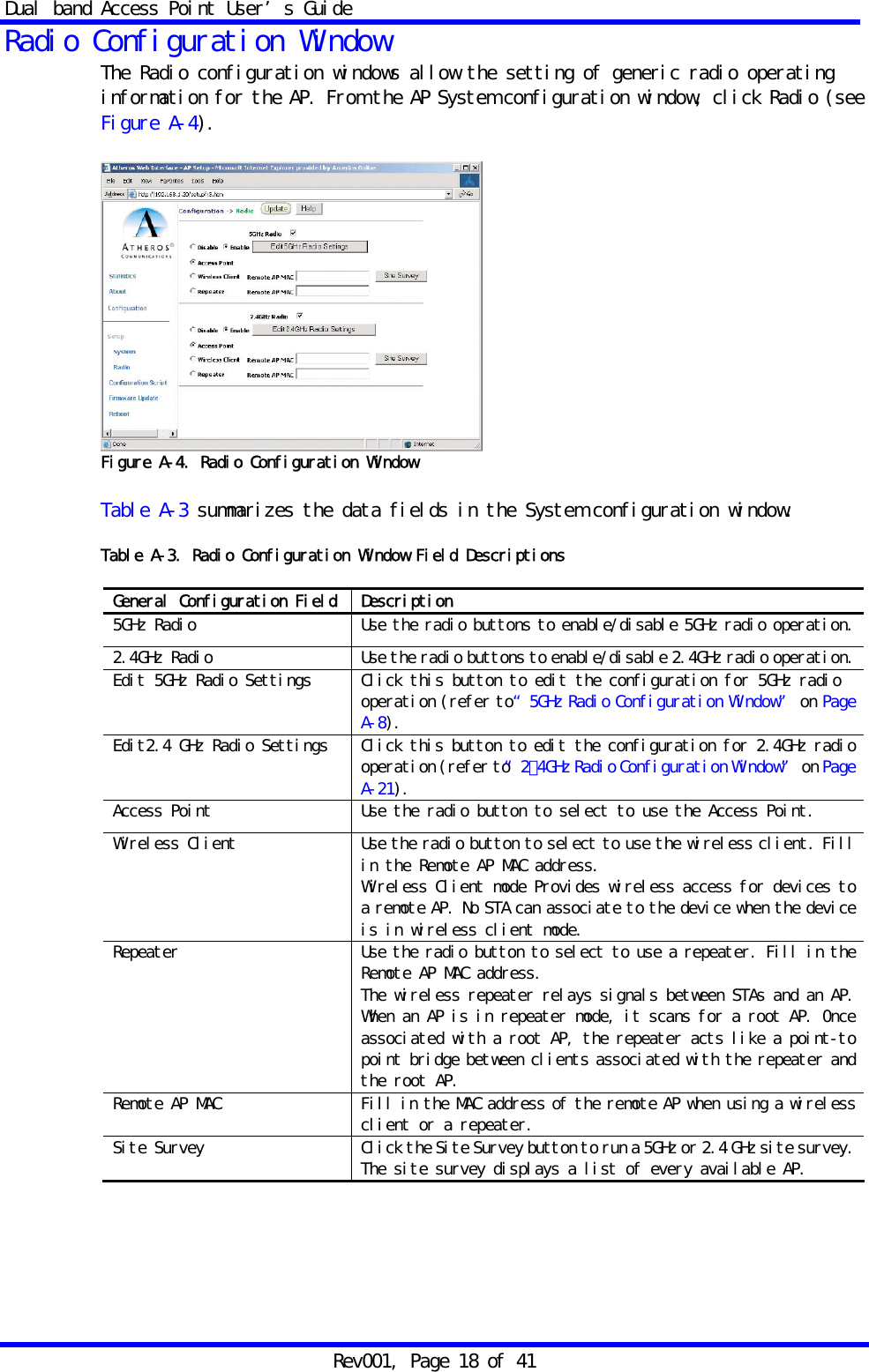 Dual band Access Point User&rsquo;s Guide Rev001, Page 18 of 41 Radio Configuration Window The Radio configuration windows allow the setting of generic radio operating information for the AP. From the AP System configuration window, click Radio (see Figure A-4).   Figure A-4. Radio Configuration Window  Table A-3 summarizes the data fields in the System configuration window.  Table A-3. Radio Configuration Window Field Descriptions  General Configuration Field Description 5GHz Radio  Use the radio buttons to enable/disable 5GHz radio operation.2.4GHz  Radio  Use the radio buttons to enable/disable 2.4GHz radio operation.Edit 5GHz Radio Settings  Click this button to edit the configuration for 5GHz radio operation (refer to&ldquo;5GHz Radio Configuration Window&rdquo; on Page A-8). Edit2.4 GHz Radio Settings  Click this button to edit the configuration for 2.4GHz radio operation (refer to&ldquo;2､4GHz Radio Configuration Window&rdquo; on Page A-21). Access Point  Use the radio button to select to use the Access Point. Wireless Client  Use the radio button to select to use the wireless client. Fill in the Remote AP MAC address. Wireless Client mode Provides wireless access for devices to a remote AP. No STA can associate to the device when the device is in wireless client mode. Repeater  Use the radio button to select to use a repeater. Fill in the Remote AP MAC address. The wireless repeater relays signals between STAs and an AP. When an AP is in repeater mode, it scans for a root AP. 0nce associated with a root AP, the repeater acts like a point-to point bridge between clients associated with the repeater and the root AP. Remote AP MAC  Fill in the MAC address of the remote AP when using a wireless client or a repeater. Site  Survey  Click the Site Survey button to run a 5GHz or 2.4 GHz site survey. The site survey displays a list of every available AP.    