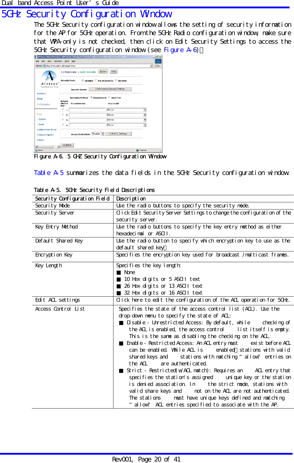 Dual band Access Point User&rsquo;s Guide Rev001, Page 20 of 41 5GHz Security Configuration Window The 5GHz Security configuration window allows the setting of security information for the AP for 5GHz operation. From the 5GHz Radio configuration window, make sure that WPA-only is not checked, then click on Edit Security Settings to access the 5GHz Security configuration window (see Figure A-6)･  Figure A-6. 5 GHZ Security Configuration Window  Table A-5 summarizes the data fields in the 5GHz Security configuration window.  Table A-5. 5GHz Security Field Descriptions Security Configuration Field  Description Security Mode Use the radio buttons to specify the security mode. Security Server  Click Edit Security Server Settings to change the configuration of the security server. Key Entry Method  Use the radio buttons to specify the key entry method as either hexadecimal or ASCII. Default Shared Key  Use the radio button to specify which encryption key to use as the default shared key･ Encryption Key  Specifies the encryption key used for broadcast /multicast frames.Key Length  Specifies the key length: ■ None ■ 10 Hex digits or 5 ASCII text ■ 26 Hex digits or 13 ASCII text ■ 32 Hex digits or 16 ASCII text Edit ACL settings  Click here to edit the configuration of the ACL operation for 5GHz.Access Control List  Specifies the state of the access control list (ACL). Use the drop-down menu to specify the state of ACL: ■ Disable - Unrestricted Access: By default, while     checking of the ACL is enabled, the access control     list itself is empty. This is the same as disabling the checking on the ACL. ■ Enable - Restricted Access: An ACL entry must     exist before ACL can be enabled. While ACL is     enabled，stations with valid shared keys and     stations with matching &ldquo;allow&rdquo; entries on the ACL   are authenticated. ■ Strict - Restricted(w/ACL match): Requires an     ACL entry that specifies the station's assigned     unique key or the station is denied association. In     the strict mode, stations with valid share keys and     not on the ACL are not authenticated. The stations     must have unique keys defined and matching &ldquo;allow&rdquo; ACL entries specified to associate with the AP. 