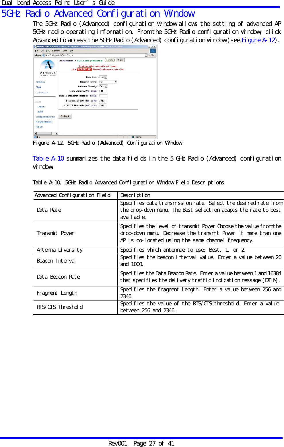 Dual band Access Point User&rsquo;s Guide Rev001, Page 27 of 41 5GHz Radio Advanced Configuration Window The 5GHz Radio (Advanced) configuration window allows the setting of advanced AP 5GHz radio operating information. From the 5GHz Radio configuration window, click Advanced to access the 5GHz Radio (Advanced) configuration window (see Figure A-12).  Figure A-12. 5GHz Radio (Advanced) Configuration Window  Table A-10 summarizes the data fields in the 5 GHz Radio (Advanced) configuration window.  Table A-10. 5GHz Radio Advanced Configuration Window Field Descriptions                   Advanced Configuration Field  Description Data Rate  Specifies data transmission rate. Select the desired rate from the drop-down menu. The Best selection adapts the rate to best available. Transmit Power  Specifies the level of transmit Power Choose the value from the drop-down menu. Decrease the transmit Power if more than one AP is co-located using the same channel frequency. Antenna Diversity  Specifies which antennae to use: Best, 1, or 2. Beacon Interval  Specifies the beacon interval value. Enter a value between 20 and 1000. Data Beacon Rate  Specifies the Data Beacon Rate. Enter a value between 1 and 16384 that specifies the delivery traffic indication message (DTIM).Fragment Length  Specifies the fragment length. Enter a value between 256 and 2346. RTS/CTS Threshold  Specifies the value of the RTS/CTS threshold. Enter a value between 256 and 2346. 