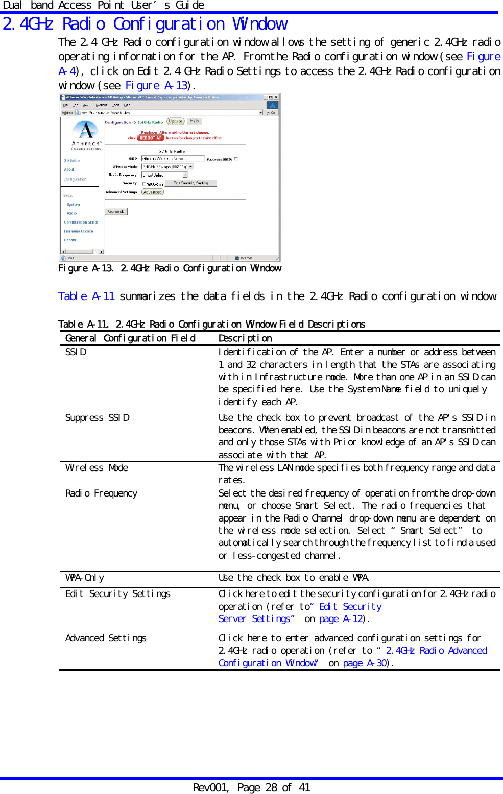 Dual band Access Point User&rsquo;s Guide Rev001, Page 28 of 41 2.4GHz Radio Configuration Window The 2.4 GHz Radio configuration window allows the setting of generic 2.4GHz radio operating information for the AP. From the Radio configuration window (see Figure A-4), click on Edit 2.4 GHz Radio Settings to access the 2.4GHz Radio configuration window (see Figure A-13).  Figure A-13. 2.4GHz Radio Configuration Window  Table A-11 summarizes the data fields in the 2.4GHz Radio configuration window.   Table A-11. 2.4GHz Radio Configuration Window Field Descriptions General Configuration Field  Description SSID  Identification of the AP. Enter a number or address between 1 and 32 characters in length that the STAs are associating with in Infrastructure mode. More than one AP in an SSID can be specified here. Use the System Name field to uniquely identify each AP. Suppress SSID  Use the check box to prevent broadcast of the AP's SSID in beacons. When enabled, the SSID in beacons are not transmitted and only those STAs with Prior knowledge of an AP's SSID can associate with that AP. Wireless Mode  The wireless LAN mode specifies both frequency range and data rates. Radio Frequency  Select the desired frequency of operation from the drop-down menu, or choose Smart Select. The radio frequencies that appear in the Radio Channel drop-down menu are dependent on the wireless mode selection. Select &ldquo;Smart Select&rdquo; to automatically search through the frequency list to find a used or less-congested channel. WPA-Only  Use the check box to enable WPA. Edit  Security  Settings  Click here to edit the security configuration for 2.4GHz radio operation (refer to&ldquo;Edit Security Server Settings&rdquo; on page A-12). Advanced Settings  Click here to enter advanced configuration settings for 2.4GHz radio operation (refer to &ldquo;2.4GHz Radio Advanced Configuration Window&rdquo; on page A-30).  
