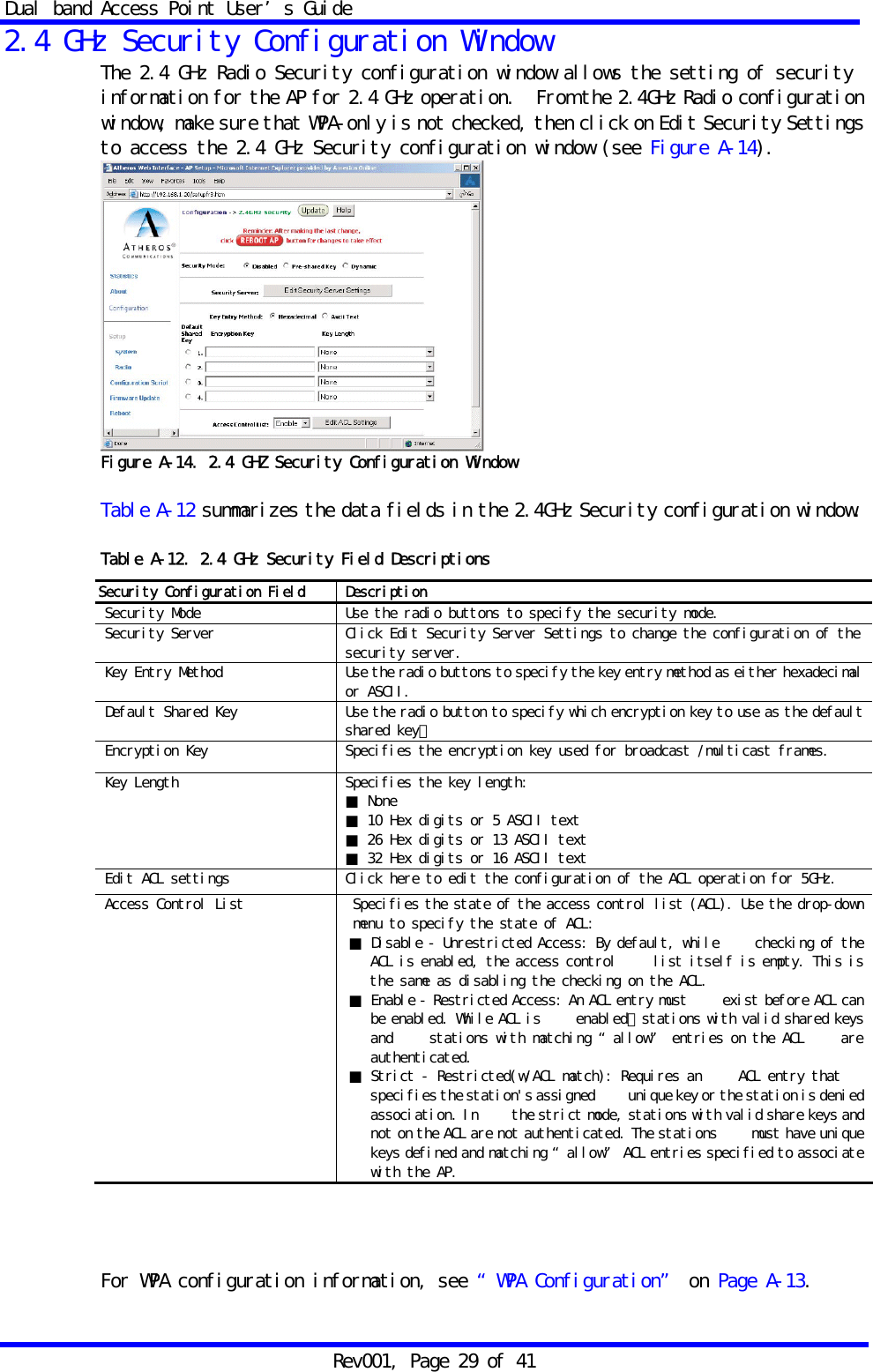 Dual band Access Point User&rsquo;s Guide Rev001, Page 29 of 41 2.4 GHz Security Configuration Window The 2.4 GHz Radio Security configuration window allows the setting of security information for the AP for 2.4 GHz operation.  From the 2.4GHz Radio configuration window, make sure that WPA-only is not checked, then click on Edit Security Settings to access the 2.4 GHz Security configuration window (see Figure A-14).  Figure A-14. 2.4 GHZ Security Configuration Window  Table A-12 summarizes the data fields in the 2.4GHz Security configuration window.  Table A-12. 2.4 GHz Security Field Descriptions                                 For WPA configuration information, see &ldquo;WPA Configuration&rdquo; on Page A-13. Security Configuration Field  Description Security Mode Use the radio buttons to specify the security mode. Security Server  Click Edit Security Server Settings to change the configuration of the security server. Key Entry Method  Use the radio buttons to specify the key entry method as either hexadecimal or ASCII. Default Shared Key  Use the radio button to specify which encryption key to use as the default shared key･ Encryption Key  Specifies the encryption key used for broadcast /multicast frames. Key Length  Specifies the key length: ■ None ■ 10 Hex digits or 5 ASCII text ■ 26 Hex digits or 13 ASCII text ■ 32 Hex digits or 16 ASCII text Edit ACL settings  Click here to edit the configuration of the ACL operation for 5GHz. Access Control List  Specifies the state of the access control list (ACL). Use the drop-down menu to specify the state of ACL: ■ Disable - Unrestricted Access: By default, while     checking of the ACL is enabled, the access control     list itself is empty. This is the same as disabling the checking on the ACL. ■ Enable - Restricted Access: An ACL entry must     exist before ACL can be enabled. While ACL is     enabled，stations with valid shared keys and     stations with matching &ldquo;allow&rdquo; entries on the ACL     are authenticated. ■ Strict - Restricted(w/ACL match): Requires an     ACL entry that specifies the station's assigned     unique key or the station is denied association. In     the strict mode, stations with valid share keys and not on the ACL are not authenticated. The stations     must have unique keys defined and matching &ldquo;allow&rdquo; ACL entries specified to associate with the AP. 