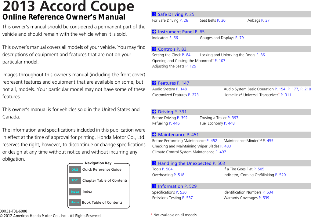 Honda 13 Accord Coupe Owners Manual