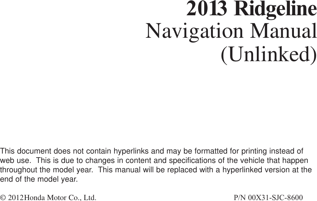 Honda 2013 Ridgeline Navigation Manual