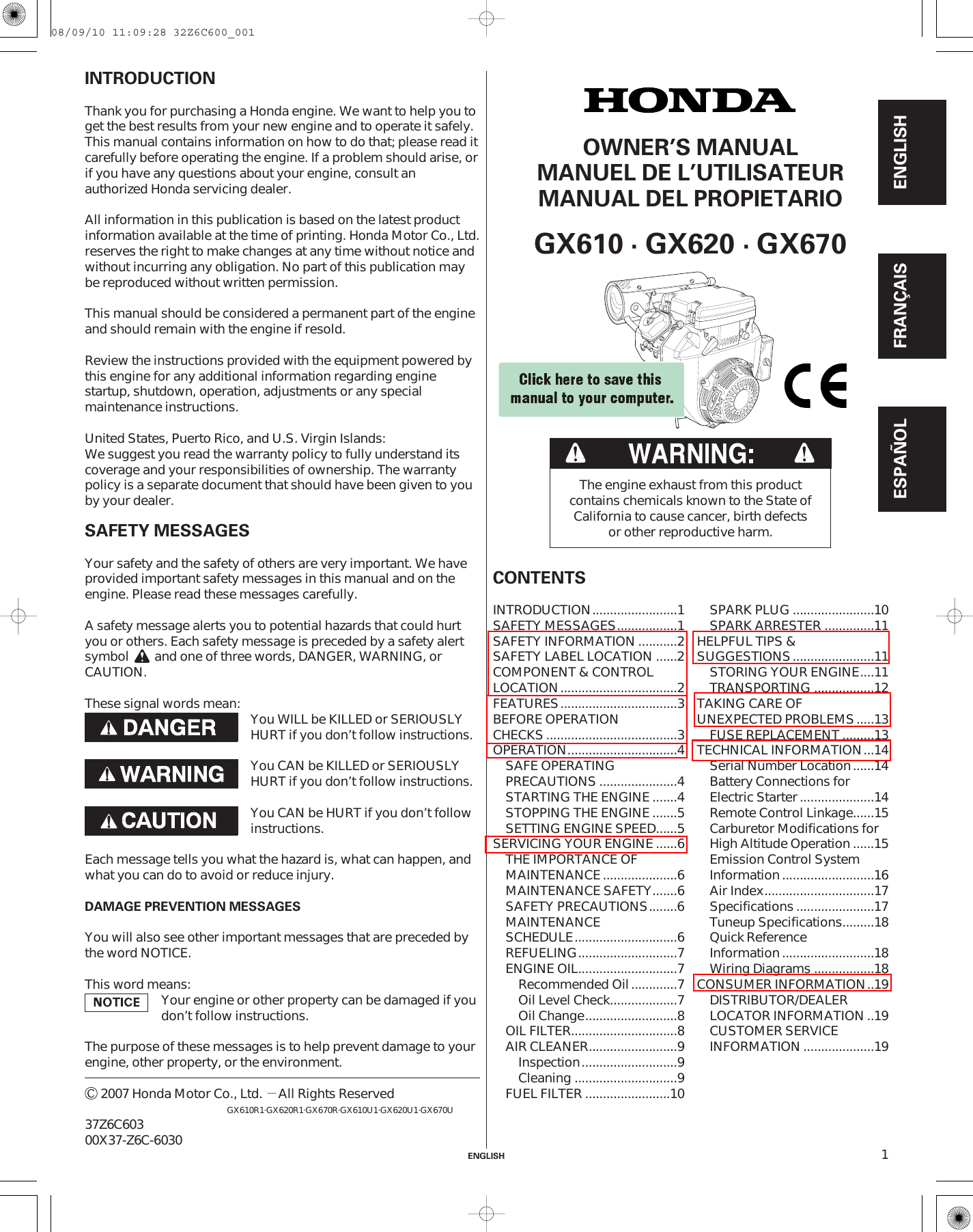 Honda Gx670 Owners Manual