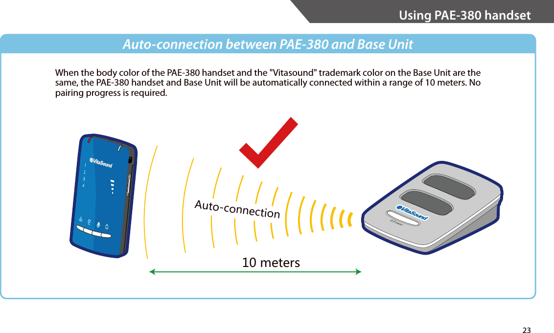 When the body color of the PAE-380 handset and the &quot;Vitasound&quot; trademark color on the Base Unit are the same, the PAE-380 handset and Base Unit will be automatically connected within a range of 10 meters. No pairing progress is required.2310 metersAuto-connectionAuto-connection between PAE-380 and Base UnitUsing PAE-380 handset