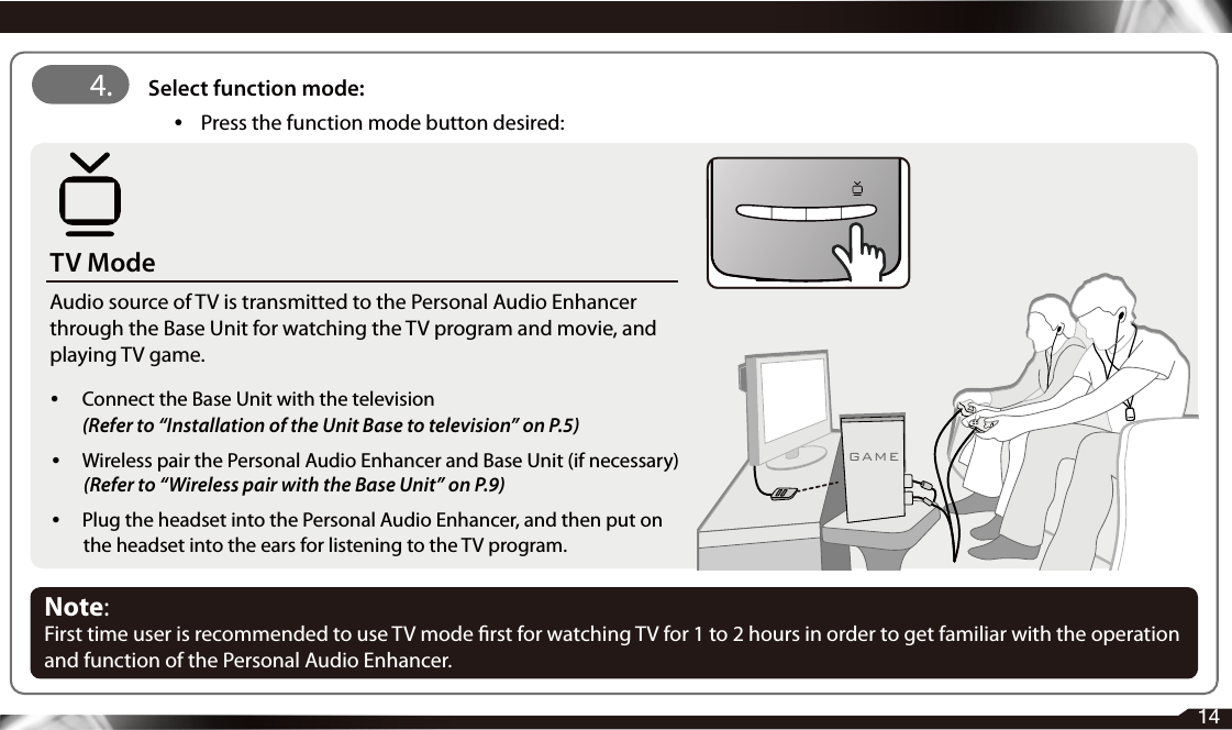 14TV ModeAudio source of TV is transmitted to the Personal Audio Enhancer through the Base Unit for watching the TV program and movie, and playing TV game.• Connect the Base Unit with the television (Refer to “Installation of the Unit Base to television” on P.5) • Wireless pair the Personal Audio Enhancer and Base Unit (if necessary) (Refer to “Wireless pair with the Base Unit” on P.9) •  Plug the headset into the Personal Audio Enhancer, and then put on the headset into the ears for listening to the TV program.4. Select function mode:    • Press the function mode button desired:Note: First time user is recommended to use TV mode rst for watching TV for 1 to 2 hours in order to get familiar with the operation and function of the Personal Audio Enhancer.GAME