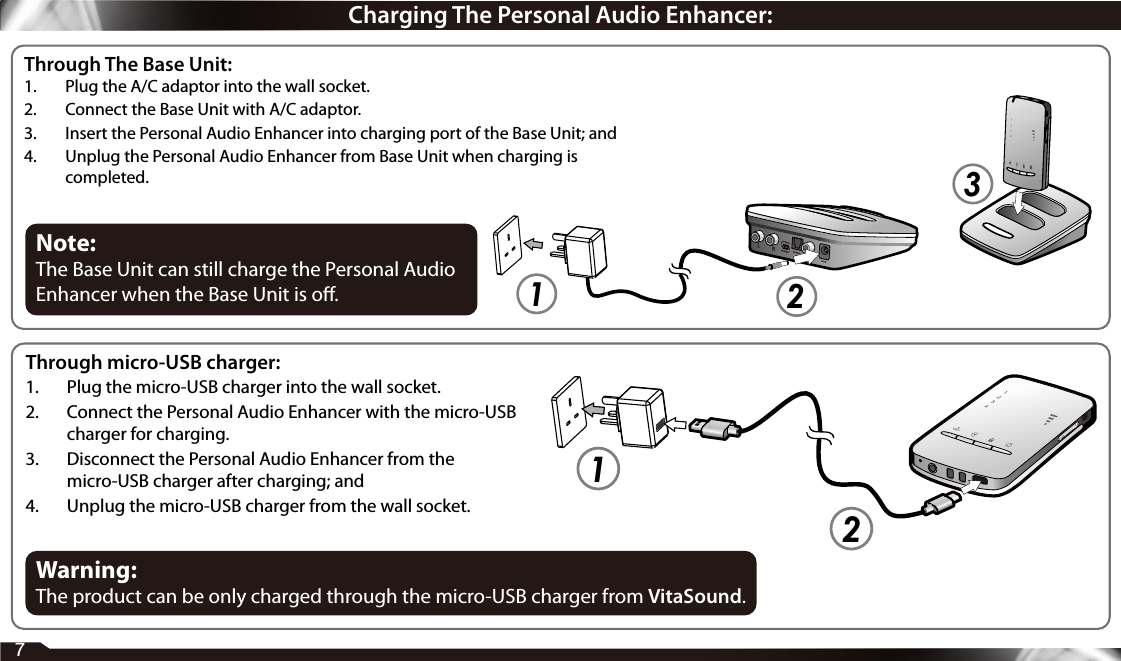7123Through The Base Unit:1.  Plug the A/C adaptor into the wall socket.2.  Connect the Base Unit with A/C adaptor.3.  Insert the Personal Audio Enhancer into charging port of the Base Unit; and4.  Unplug the Personal Audio Enhancer from Base Unit when charging is completed.Through micro-USB charger:1.  Plug the micro-USB charger into the wall socket.2.  Connect the Personal Audio Enhancer with the micro-USB charger for charging.3.  Disconnect the Personal Audio Enhancer from the micro-USB charger after charging; and4.  Unplug the micro-USB charger from the wall socket.12Warning:The product can be only charged through the micro-USB charger from VitaSound.Charging The Personal Audio Enhancer:Note:The Base Unit can still charge the Personal Audio Enhancer when the Base Unit is o.