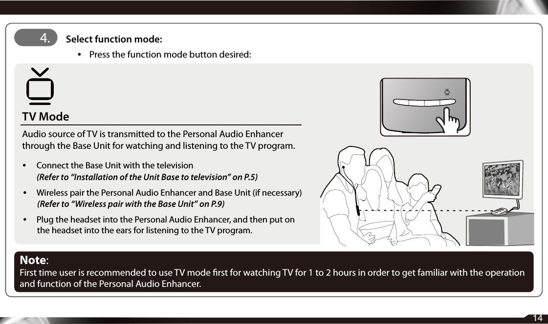 14TV ModeAudio source of TV is transmitted to the Personal Audio Enhancer through the Base Unit for watching and listening to the TV program.• Connect the Base Unit with the television (Refer to “Installation of the Unit Base to television” on P.5) • Wireless pair the Personal Audio Enhancer and Base Unit (if necessary) (Refer to “Wireless pair with the Base Unit” on P.9) •  Plug the headset into the Personal Audio Enhancer, and then put on the headset into the ears for listening to the TV program.4. Select function mode:    • Press the function mode button desired:Note: First time user is recommended to use TV mode rst for watching TV for 1 to 2 hours in order to get familiar with the operation and function of the Personal Audio Enhancer.