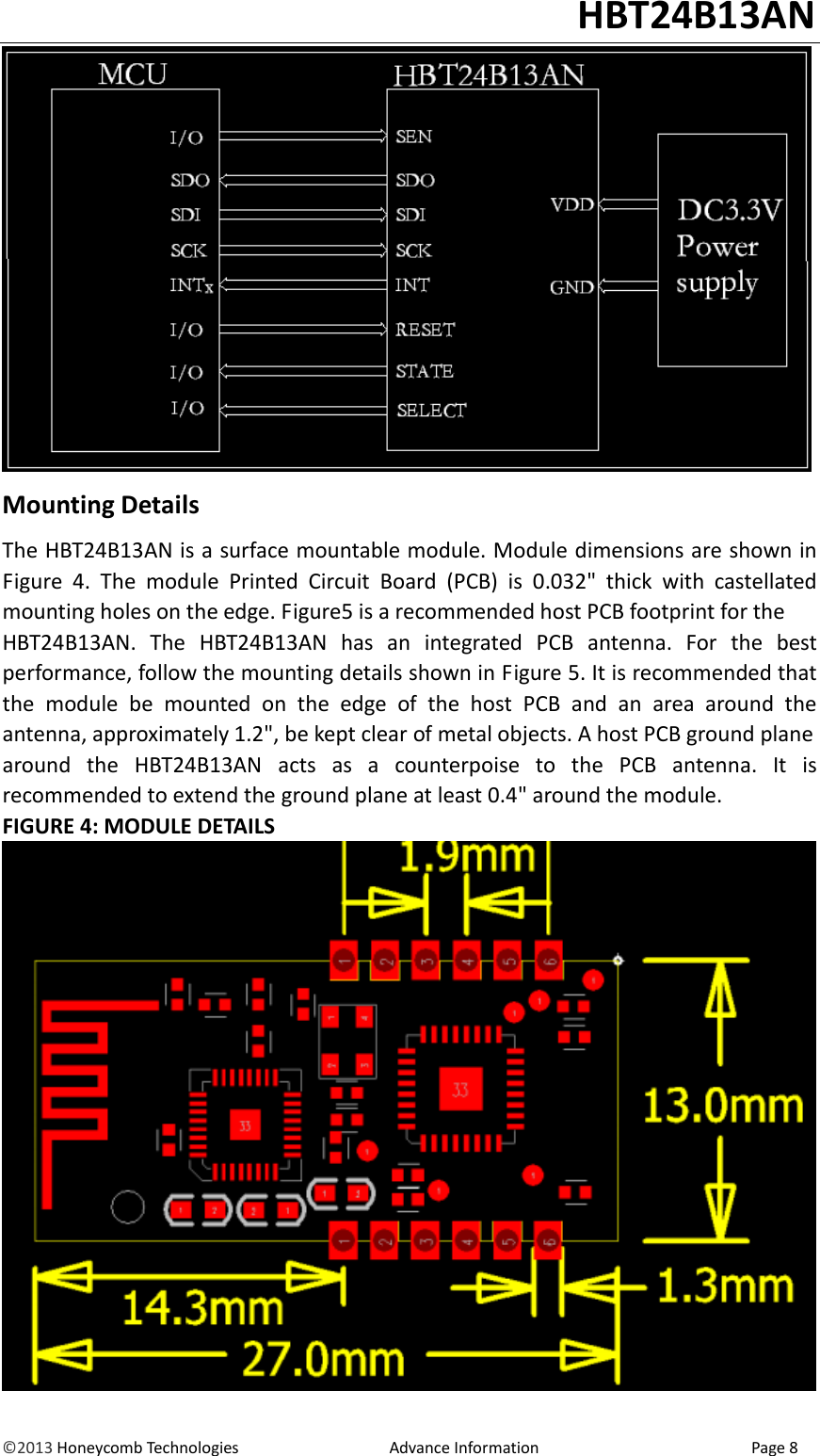                                                                                                                                   HBT24B13AN &copy;2013 Honeycomb Technologies                                  Advance Information                                                Page 8  Mounting Details The HBT24B13AN is a surface mountable module. Module dimensions are shown in Figure  4.  The  module  Printed  Circuit  Board  (PCB)  is  0.032"  thick  with  castellated mounting holes on the edge. Figure5 is a recommended host PCB footprint for the HBT24B13AN.  The  HBT24B13AN has  an  integrated  PCB  antenna.  For  the  best performance, follow the mounting details shown in Figure 5. It is recommended that the  module  be  mounted  on  the  edge  of  the  host  PCB  and  an  area  around  the antenna, approximately 1.2", be kept clear of metal objects. A host PCB ground plane around  the  HBT24B13AN acts  as  a  counterpoise  to  the  PCB  antenna.  It  is recommended to extend the ground plane at least 0.4" around the module. FIGURE 4: MODULE DETAILS  