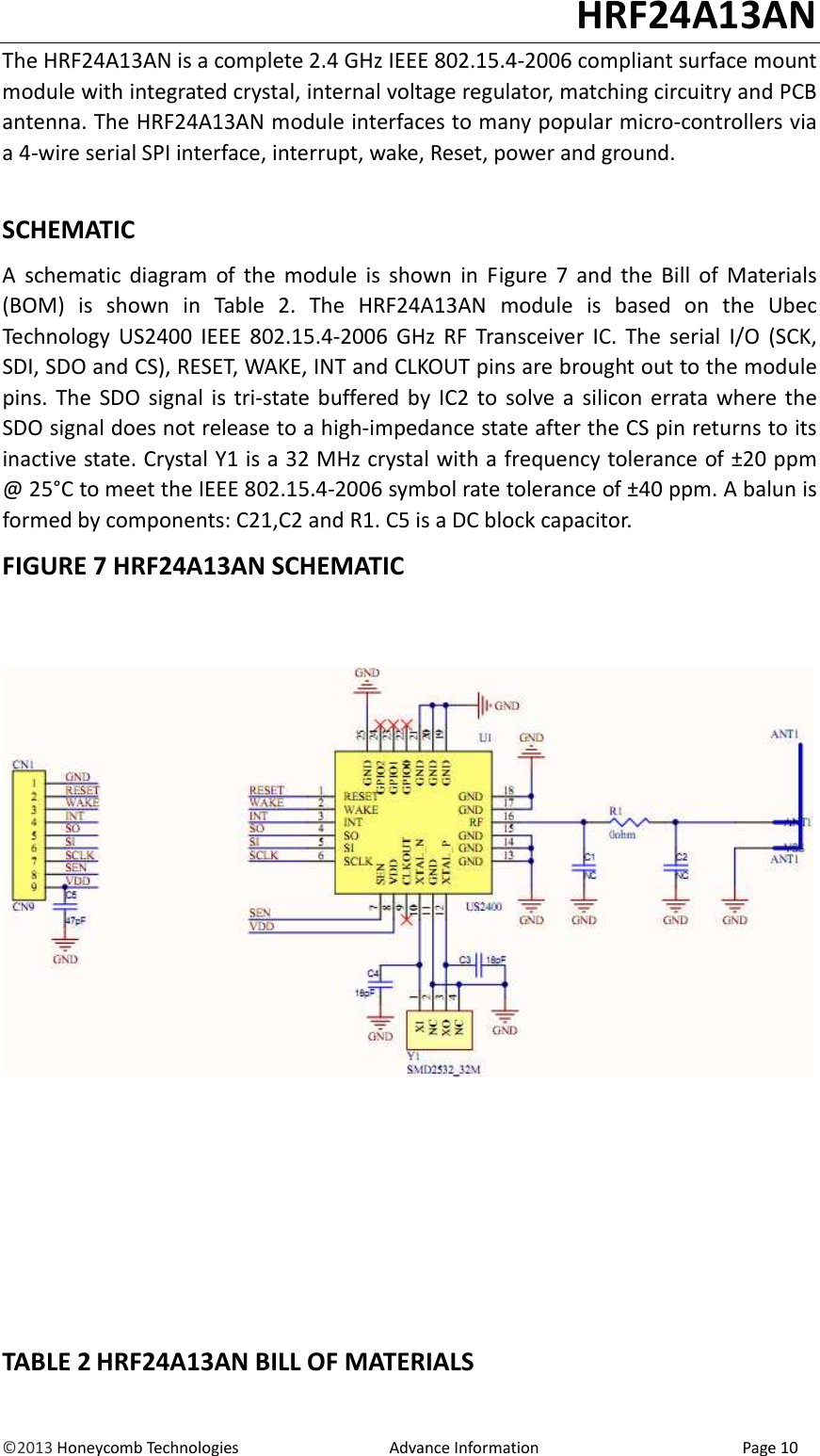                                                                                                                                   HRF24A13AN &copy;2013 Honeycomb Technologies                                  Advance Information                                              Page 10 The HRF24A13AN is a complete 2.4 GHz IEEE 802.15.4-2006 compliant surface mount module with integrated crystal, internal voltage regulator, matching circuitry and PCB antenna. The HRF24A13AN module interfaces to many popular micro-controllers via a 4-wire serial SPI interface, interrupt, wake, Reset, power and ground.    SCHEMATIC A  schematic  diagram  of  the  module  is  shown  in  Figure  7  and  the  Bill  of  Materials (BOM)  is  shown  in  Table  2.  The  HRF24A13AN module  is  based  on  the  Ubec Technology  US2400  IEEE  802.15.4-2006  GHz  RF  Transceiver  IC.  The  serial  I/O  (SCK, SDI, SDO and CS), RESET, WAKE, INT and CLKOUT pins are brought out to the module pins.  The  SDO  signal  is  tri-state buffered  by IC2  to  solve  a  silicon errata where  the SDO signal does not release to a high-impedance state after the CS pin returns to its inactive state. Crystal Y1 is a 32 MHz crystal with a frequency tolerance of &plusmn;20 ppm @ 25&deg;C to meet the IEEE 802.15.4-2006 symbol rate tolerance of &plusmn;40 ppm. A balun is formed by components: C21,C2 and R1. C5 is a DC block capacitor.   FIGURE 7 HRF24A13AN SCHEMATIC            TABLE 2 HRF24A13AN BILL OF MATERIALS 