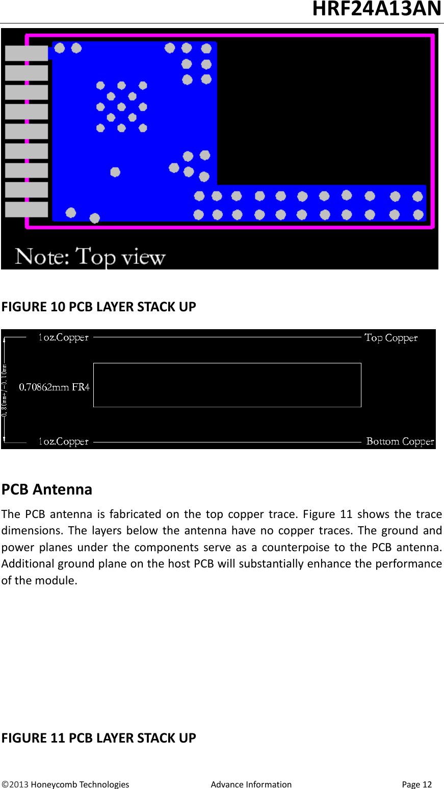                                                                                                                                   HRF24A13AN &copy;2013 Honeycomb Technologies                                  Advance Information                                              Page 12   FIGURE 10 PCB LAYER STACK UP   PCB Antenna The  PCB  antenna  is  fabricated  on  the  top  copper  trace.  Figure  11  shows  the  trace dimensions.  The  layers  below  the  antenna  have  no  copper  traces. The  ground  and power  planes  under  the  components  serve  as  a  counterpoise  to  the  PCB  antenna. Additional ground plane on the host PCB will substantially enhance the performance of the module.           FIGURE 11 PCB LAYER STACK UP 