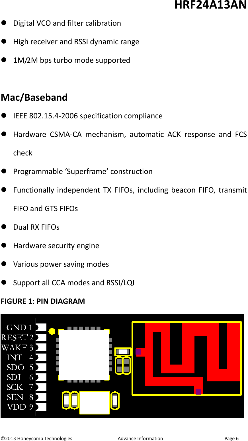                                                                                                                                   HRF24A13AN &copy;2013 Honeycomb Technologies                                  Advance Information                                              Page 6  Digital VCO and filter calibration  High receiver and RSSI dynamic range  1M/2M bps turbo mode supported  Mac/Baseband  IEEE 802.15.4-2006 specification compliance  Hardware  CSMA-CA  mechanism,  automatic  ACK  response  and  FCS check  Programmable &lsquo;Superframe&rsquo; construction  Functionally independent  TX  FIFOs,  including beacon  FIFO, transmit FIFO and GTS FIFOs  Dual RX FIFOs  Hardware security engine  Various power saving modes  Support all CCA modes and RSSI/LQI FIGURE 1: PIN DIAGRAM  
