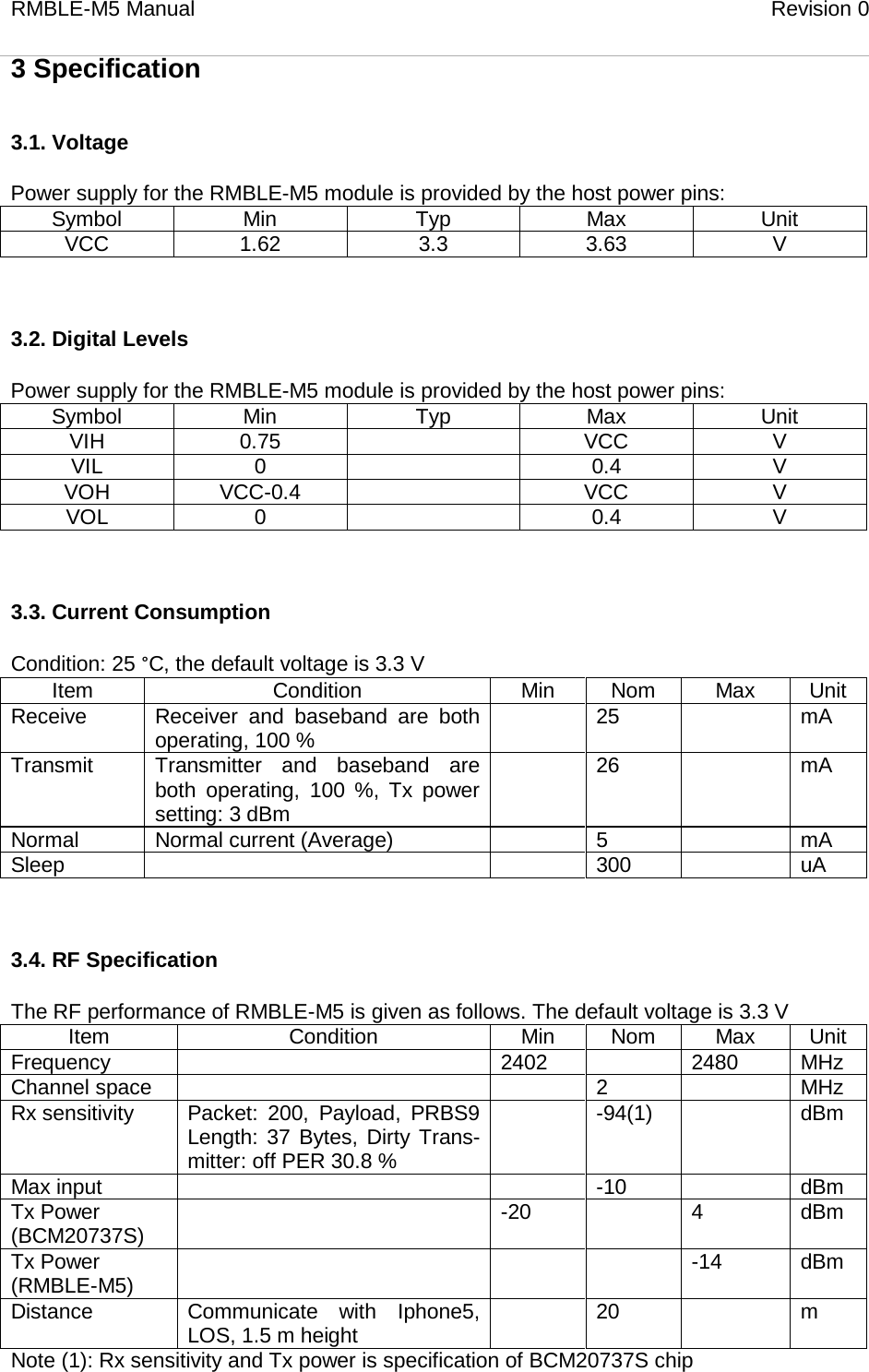 RMBLE-M5 Manual                              Revision 0   3 Specification 3.1. Voltage Power supply for the RMBLE-M5 module is provided by the host power pins: Symbol Min Typ Max Unit VCC 1.62 3.3 3.63 V  3.2. Digital Levels Power supply for the RMBLE-M5 module is provided by the host power pins: Symbol Min Typ Max Unit VIH 0.75  VCC V VIL 0  0.4 V VOH VCC-0.4  VCC V VOL 0  0.4 V  3.3. Current Consumption Condition: 25 °C, the default voltage is 3.3 V Item Condition Min Nom Max Unit Receive Receiver and baseband are both operating, 100 %  25  mA  Transmit Transmitter and baseband are both operating, 100 %, Tx power setting: 3 dBm  26  mA  Normal Normal current (Average)  5  mA  Sleep   300  uA   3.4. RF Specification The RF performance of RMBLE-M5 is given as follows. The default voltage is 3.3 V Item Condition Min Nom Max Unit Frequency  2402  2480 MHz Channel space   2  MHz Rx sensitivity Packet: 200, Payload,  PRBS9 Length: 37 Bytes, Dirty Trans-mitter: off PER 30.8 %  -94(1)  dBm Max input   -10  dBm Tx Power (BCM20737S)  -20  4 dBm Tx Power (RMBLE-M5)    -14 dBm Distance Communicate with Iphone5, LOS, 1.5 m height  20  m Note (1): Rx sensitivity and Tx power is specification of BCM20737S chip   