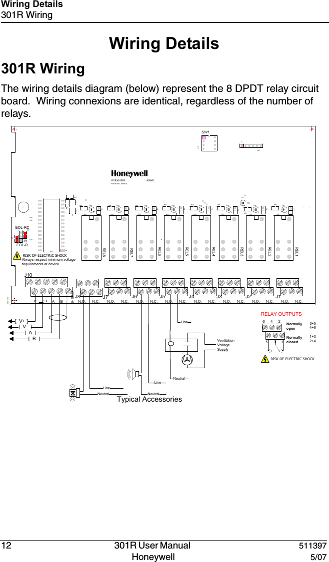 12   301R User Manual  511397Honeywell  5/07Wiring Details301R WiringWiring Details 301R WiringThe wiring details diagram (below) represent the 8 DPDT relay circuit board.  Wiring connexions are identical, regardless of the number of relays.[  V+ ][  V-  ][  A  ][  B  ]EOL-REOL-RCBAN.O. N.O. N.O. N.O. N.O. N.O. N.O. N.O. N.C.N.C.N.C.N.C.N.C.N.C.N.C.N.C.PCB301RR5MADE IN CANADASHIELDTX1508862VVIN24V+-500 (mil)SW1R7R14R13R12R10J9J20J10D3C8C7C5C10D10D11D12D13D14D15D16D17D18D19D20D21D22D7D8D9J11J12J13J14J15J16J17J18J7R26R27R28R29R30R31R32R33REL1REL2REL3REL4REL5REL6REL7REL8U2Ventilation Voltage SupplyNeutralLineLineNeutralNeutralLineTypical AccessoriesRELAY OUTPUTS 3+54+61+32+4Normally openNormally closed531642RISK OF ELECTRIC SHOCKRISK OF ELECTRIC SHOCKAlways respect minimum voltage requirements at deviceJ6 J5 J4 J3 J2 J1J8
