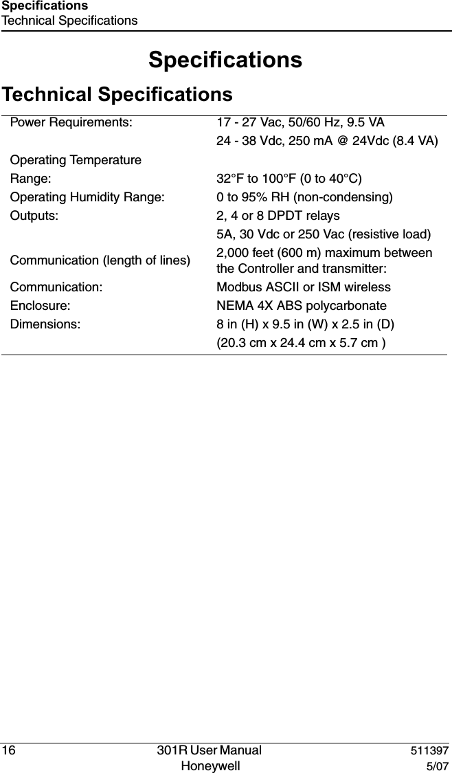 16   301R User Manual  511397Honeywell  5/07SpecificationsTechnical SpecificationsSpecificationsTechnical SpecificationsPower Requirements: 17 - 27 Vac, 50/60 Hz, 9.5 VA24 - 38 Vdc, 250 mA @ 24Vdc (8.4 VA)Operating Temperature Range: 32&deg;F to 100&deg;F (0 to 40&deg;C)Operating Humidity Range: 0 to 95% RH (non-condensing)Outputs:  2, 4 or 8 DPDT relays5A, 30 Vdc or 250 Vac (resistive load)Communication (length of lines) 2,000 feet (600 m) maximum between the Controller and transmitter:Communication: Modbus ASCII or ISM wirelessEnclosure: NEMA 4X ABS polycarbonateDimensions:  8 in (H) x 9.5 in (W) x 2.5 in (D)(20.3 cm x 24.4 cm x 5.7 cm )