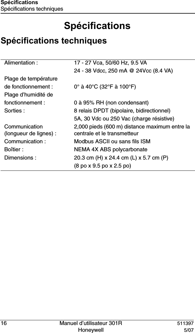 16   Manuel d&rsquo;utilisateur 301R 511397Honeywell  5/07Sp&eacute;cificationsSp&eacute;cifications techniquesSp&eacute;cificationsSp&eacute;cifications techniquesAlimentation :  17 - 27 Vca, 50/60 Hz, 9.5 VA24 - 38 Vdcc, 250 mA @ 24Vcc (8.4 VA) Plage de temp&eacute;rature de fonctionnement :  0&deg; &agrave; 40&deg;C (32&deg;F &agrave; 100&deg;F)Plage d&rsquo;humidit&eacute; de fonctionnement :  0 &agrave; 95% RH (non condensant)Sorties : 8 relais DPDT (bipolaire, bidirectionnel)5A, 30 Vdc ou 250 Vac (charge r&eacute;sistive) Communication (longueur de lignes) :2,000 pieds (600 m) distance maximum entre la centrale et le transmetteurCommunication : Modbus ASCII ou sans fils ISMBo&icirc;tier :  NEMA 4X ABS polycarbonate Dimensions :  20.3 cm (H) x 24.4 cm (L) x 5.7 cm (P) (8 po x 9.5 po x 2.5 po) 