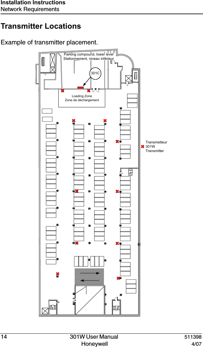 DRAFT14   301W User Manual  511398Honeywell  4/07Installation InstructionsNetwork RequirementsTransmitter LocationsExample of transmitter placement.Transmetteur301W TransmitterLoading ZoneZone de d&eacute;chargementParking compound, lower levelStationnement, niveau inf&eacute;rieur301C
