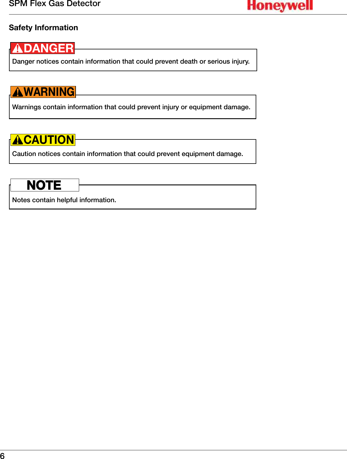 6SPM Flex Gas DetectorSafety InformationDanger notices contain information that could prevent death or serious injury� DANGER!Warnings contain information that could prevent injury or equipment damage�WARNING!Caution notices contain information that could prevent equipment damage�CAUTION!Notes contain helpful information� NOTE