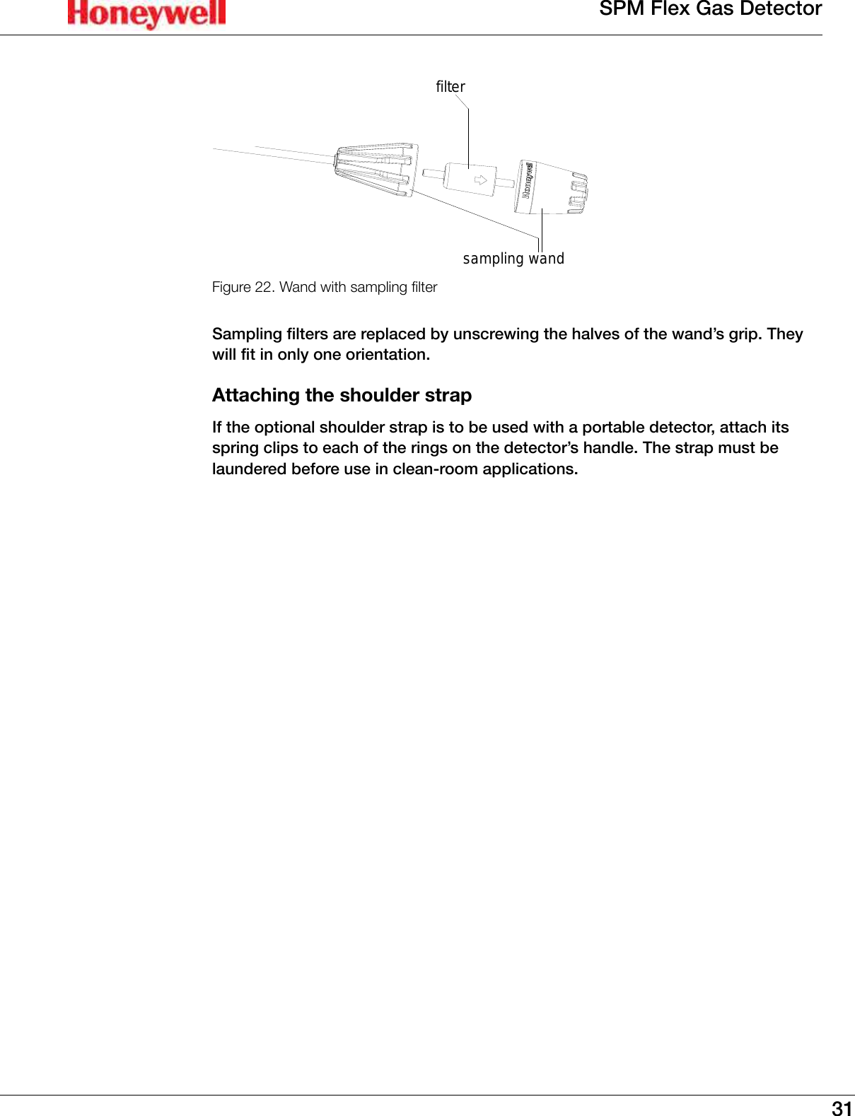 31SPM Flex Gas Detectorfiltersampling wandFigure 22. Wand with sampling lterSampling filters are replaced by unscrewing the halves of the wand&rsquo;s grip� They will fit in only one orientation�Attaching the shoulder strapIf the optional shoulder strap is to be used with a portable detector, attach its spring clips to each of the rings on the detector&rsquo;s handle� The strap must be laundered before use in clean-room applications�