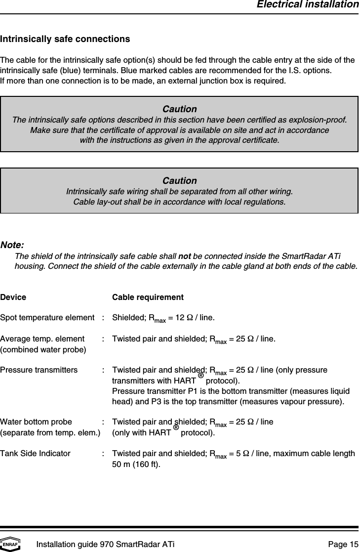 Electrical installationInstallation guide 970 SmartRadar ATi  Page 15CautionThe intrinsically safe options described in this section have been certified as explosion-proof.Make sure that the certificate of approval is available on site and act in accordancewith the instructions as given in the approval certificate.CautionIntrinsically safe wiring shall be separated from all other wiring.Cable lay-out shall be in accordance with local regulations.Intrinsically safe connectionsThe cable for the intrinsically safe option(s) should be fed through the cable entry at the side of theintrinsically safe (blue) terminals. Blue marked cables are recommended for the I.S. options.If more than one connection is to be made, an external junction box is required.Note:The shield of the intrinsically safe cable shall not be connected inside the SmartRadar ATihousing. Connect the shield of the cable externally in the cable gland at both ends of the cable.Device Cable requirementSpot temperature element : Shielded; R  = 12 Ω / line.maxAverage temp. element : Twisted pair and shielded; R  = 25 Ω / line.max(combined water probe)Pressure transmitters : Twisted pair and shielded; R  = 25 Ω / line (only pressuremaxtransmitters with HART   protocol).®Pressure transmitter P1 is the bottom transmitter (measures liquidhead) and P3 is the top transmitter (measures vapour pressure).Water bottom probe : Twisted pair and shielded; R  = 25 Ω / linemax(separate from temp. elem.) (only with HART   protocol).®Tank Side Indicator : Twisted pair and shielded; R  = 5 Ω / line, maximum cable lengthmax50 m (160 ft).