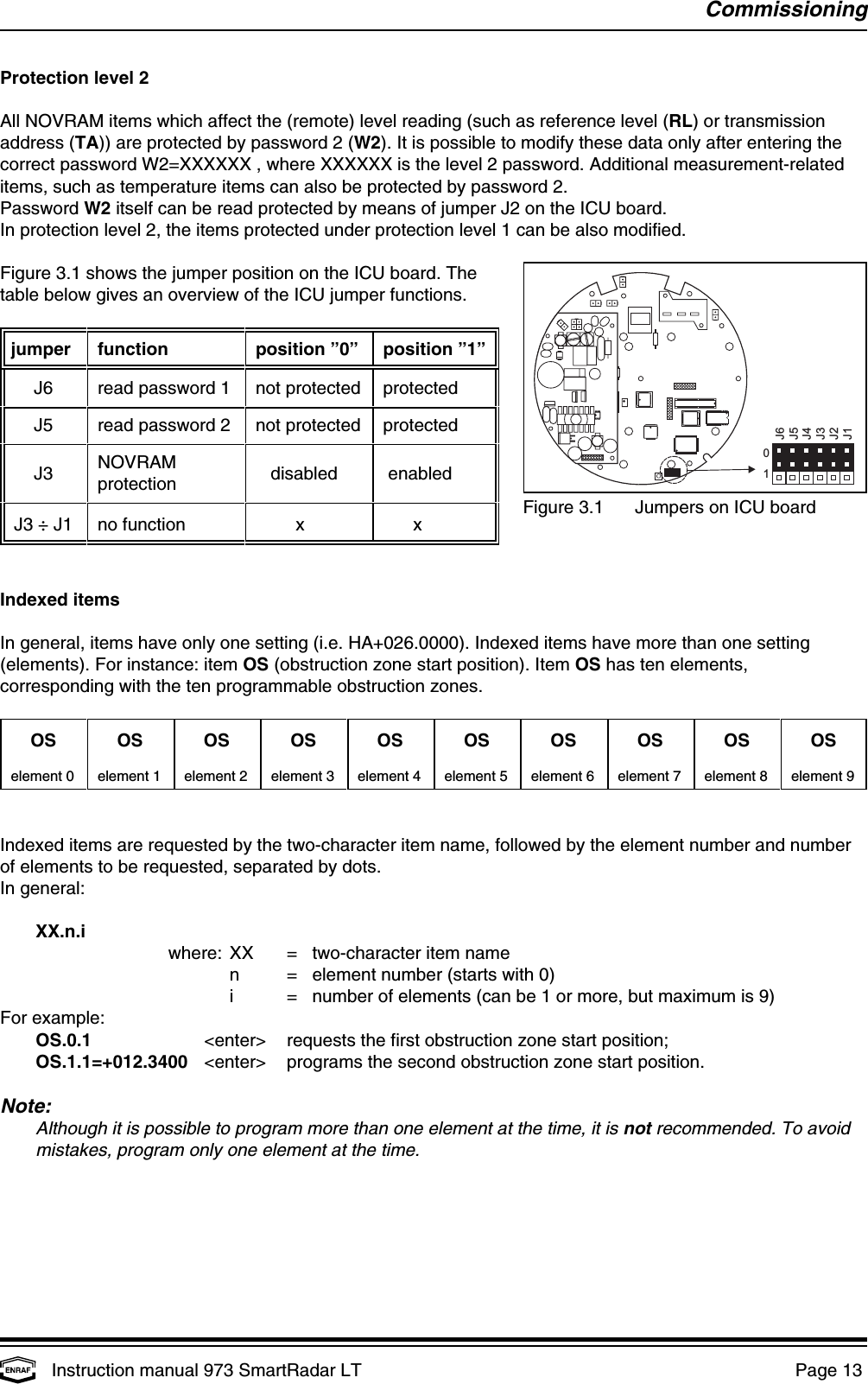 J6J5J4J3J2J101CommissioningInstruction manual 973 SmartRadar LT  Page 13 Figure 3.1 Jumpers on ICU boardProtection level 2All NOVRAM items which affect the (remote) level reading (such as reference level (RL) or transmissionaddress (TA)) are protected by password 2 (W2). It is possible to modify these data only after entering thecorrect password W2=XXXXXX , where XXXXXX is the level 2 password. Additional measurement-relateditems, such as temperature items can also be protected by password 2.Password W2 itself can be read protected by means of jumper J2 on the ICU board.In protection level 2, the items protected under protection level 1 can be also modified.Figure 3.1 shows the jumper position on the ICU board. Thetable below gives an overview of the ICU jumper functions.jumper function position ”0” position ”1”J6 read password 1 not protected protectedJ5 read password 2 not protected protectedJ3   disabled  enabledNOVRAMprotectionJ3 ÷ J1 no function         x       xIndexed itemsIn general, items have only one setting (i.e. HA+026.0000). Indexed items have more than one setting(elements). For instance: item OS (obstruction zone start position). Item OS has ten elements,corresponding with the ten programmable obstruction zones.OS OS OS OS OS OS OS OS OS OSelement 0 element 1 element 2 element 3 element 4 element 5 element 6 element 7 element 8 element 9Indexed items are requested by the two-character item name, followed by the element number and numberof elements to be requested, separated by dots.In general:XX.n.iwhere: XX =   two-character item namen =   element number (starts with 0)i =   number of elements (can be 1 or more, but maximum is 9)For example:OS.0.1 &lt;enter&gt; requests the first obstruction zone start position;OS.1.1=+012.3400 &lt;enter&gt; programs the second obstruction zone start position.Note:Although it is possible to program more than one element at the time, it is not recommended. To avoidmistakes, program only one element at the time.