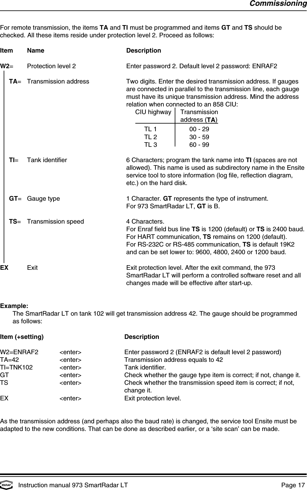 CommissioningInstruction manual 973 SmartRadar LT  Page 17 For remote transmission, the items TA and TI must be programmed and items GT and TS should bechecked. All these items reside under protection level 2. Proceed as follows:Item Name DescriptionW2= Protection level 2 Enter password 2. Default level 2 password: ENRAF2  TA= Transmission address Two digits. Enter the desired transmission address. If gaugesare connected in parallel to the transmission line, each gaugemust have its unique transmission address. Mind the addressrelation when connected to an 858 CIU:CIU highway   Transmissionaddress (TA)TL 1 00 - 29TL 2 30 - 59TL 3 60 - 99TI= Tank identifier 6 Characters; program the tank name into TI (spaces are notallowed). This name is used as subdirectory name in the Ensiteservice tool to store information (log file, reflection diagram,etc.) on the hard disk.GT= Gauge type 1 Character. GT represents the type of instrument.For 973 SmartRadar LT, GT is B.TS= Transmission speed 4 Characters.For Enraf field bus line TS is 1200 (default) or TS is 2400 baud.For HART communication, TS remains on 1200 (default).For RS-232C or RS-485 communication, TS is default 19K2and can be set lower to: 9600, 4800, 2400 or 1200 baud.EX Exit Exit protection level. After the exit command, the 973SmartRadar LT will perform a controlled software reset and allchanges made will be effective after start-up.Example:The SmartRadar LT on tank 102 will get transmission address 42. The gauge should be programmedas follows:Item (+setting) DescriptionW2=ENRAF2 &lt;enter&gt; Enter password 2 (ENRAF2 is default level 2 password)TA=42 &lt;enter&gt; Transmission address equals to 42TI=TNK102 &lt;enter&gt; Tank identifier.GT &lt;enter&gt; Check whether the gauge type item is correct; if not, change it.TS &lt;enter&gt; Check whether the transmission speed item is correct; if not,change it.EX &lt;enter&gt; Exit protection level.As the transmission address (and perhaps also the baud rate) is changed, the service tool Ensite must beadapted to the new conditions. That can be done as described earlier, or a ‘site scan’ can be made.