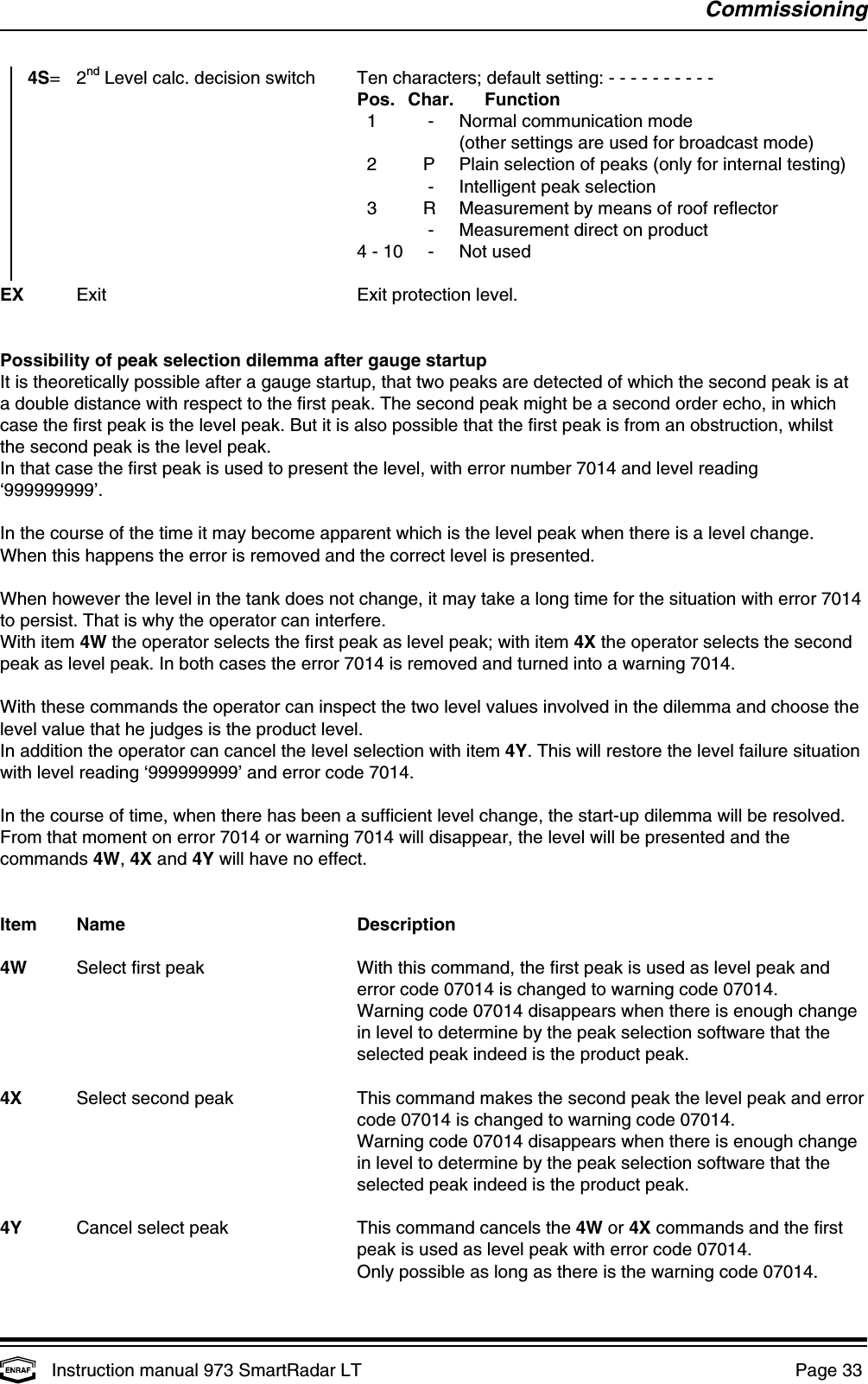 CommissioningInstruction manual 973 SmartRadar LT  Page 33    4S= 2  Level calc. decision switch Ten characters; default setting: - - - - - - - - - -ndPos. Char. Function  1     - Normal communication mode    (other settings are used for broadcast mode)  2    P Plain selection of peaks (only for internal testing)       - Intelligent peak selection  3    R Measurement by means of roof reflector       - Measurement direct on product4 - 10     - Not usedEX Exit Exit protection level.Possibility of peak selection dilemma after gauge startupIt is theoretically possible after a gauge startup, that two peaks are detected of which the second peak is ata double distance with respect to the first peak. The second peak might be a second order echo, in whichcase the first peak is the level peak. But it is also possible that the first peak is from an obstruction, whilstthe second peak is the level peak.In that case the first peak is used to present the level, with error number 7014 and level reading‘999999999’.In the course of the time it may become apparent which is the level peak when there is a level change.When this happens the error is removed and the correct level is presented.When however the level in the tank does not change, it may take a long time for the situation with error 7014to persist. That is why the operator can interfere.With item 4W the operator selects the first peak as level peak; with item 4X the operator selects the secondpeak as level peak. In both cases the error 7014 is removed and turned into a warning 7014.With these commands the operator can inspect the two level values involved in the dilemma and choose thelevel value that he judges is the product level.In addition the operator can cancel the level selection with item 4Y. This will restore the level failure situationwith level reading ‘999999999’ and error code 7014.In the course of time, when there has been a sufficient level change, the start-up dilemma will be resolved.From that moment on error 7014 or warning 7014 will disappear, the level will be presented and thecommands 4W, 4X and 4Y will have no effect.Item Name Description4W Select first peak With this command, the first peak is used as level peak anderror code 07014 is changed to warning code 07014.Warning code 07014 disappears when there is enough changein level to determine by the peak selection software that theselected peak indeed is the product peak.4X Select second peak This command makes the second peak the level peak and errorcode 07014 is changed to warning code 07014.Warning code 07014 disappears when there is enough changein level to determine by the peak selection software that theselected peak indeed is the product peak.4Y Cancel select peak   This command cancels the 4W or 4X commands and the firstpeak is used as level peak with error code 07014. Only possible as long as there is the warning code 07014.