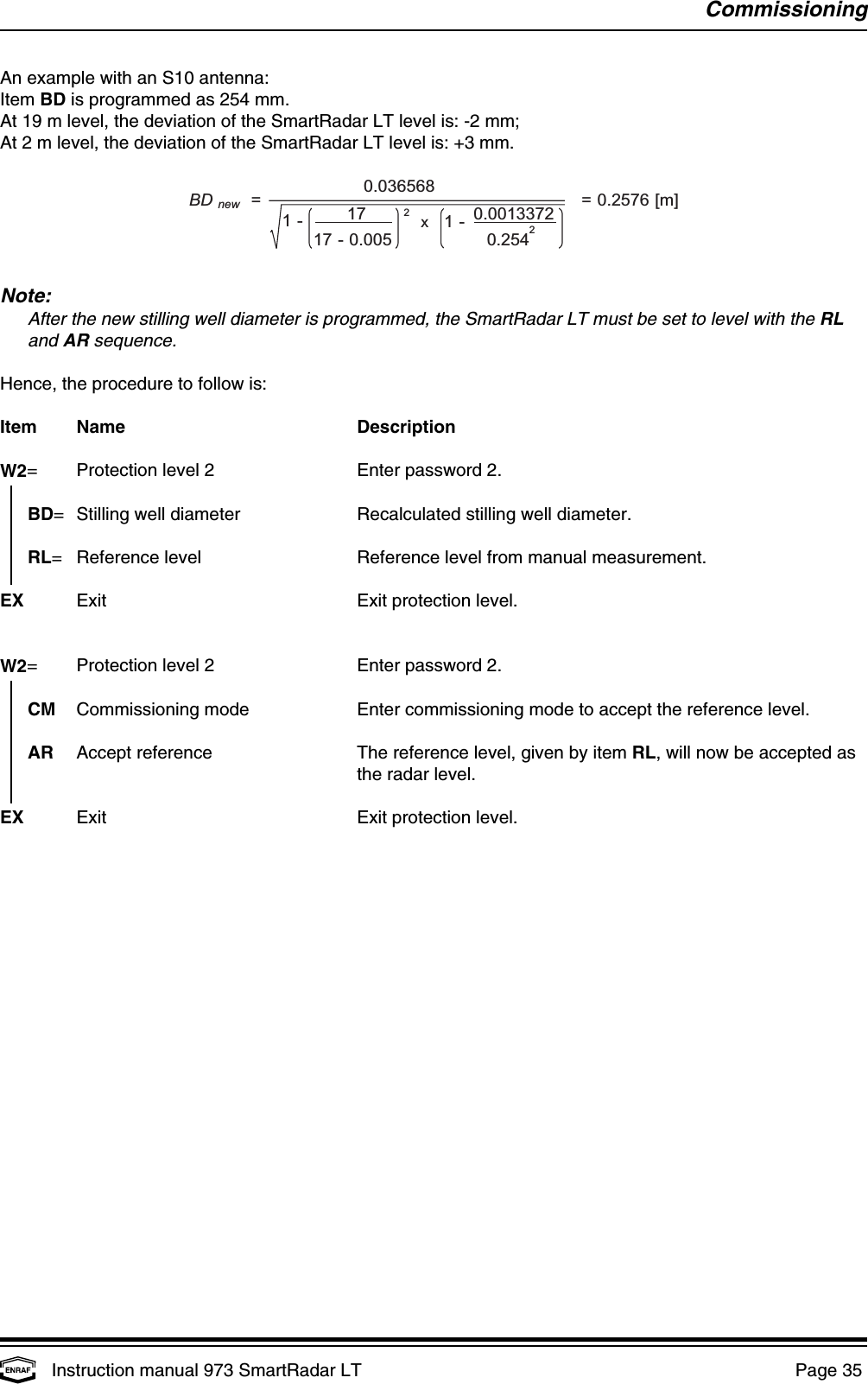 BD =new0.0365681-2x1- 0.00133720.25421717 - 0.005= 0.2576 [m]CommissioningInstruction manual 973 SmartRadar LT  Page 35 An example with an S10 antenna:Item BD is programmed as 254 mm.At 19 m level, the deviation of the SmartRadar LT level is: -2 mm;At 2 m level, the deviation of the SmartRadar LT level is: +3 mm.Note:After the new stilling well diameter is programmed, the SmartRadar LT must be set to level with the RLand AR sequence.Hence, the procedure to follow is:Item Name DescriptionW2= Protection level 2 Enter password 2.  BD= Stilling well diameter Recalculated stilling well diameter.RL= Reference level Reference level from manual measurement.EX Exit Exit protection level.W2= Protection level 2 Enter password 2.  CM Commissioning mode Enter commissioning mode to accept the reference level.AR Accept reference The reference level, given by item RL, will now be accepted asthe radar level.EX Exit Exit protection level.