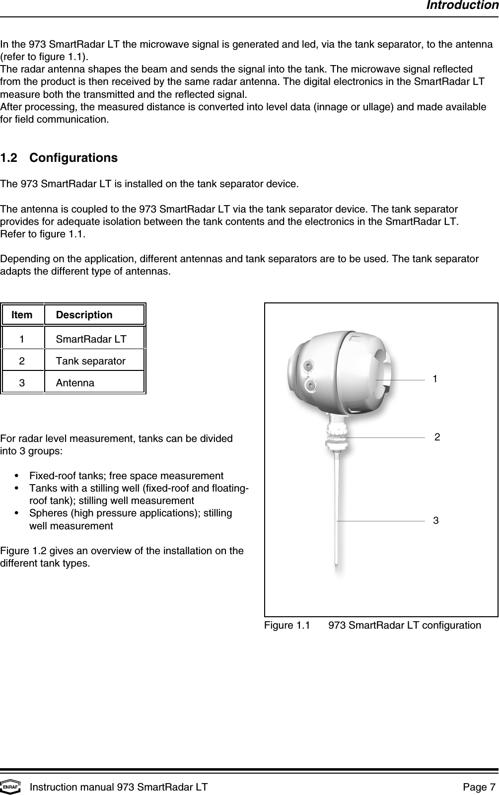 IntroductionInstruction manual 973 SmartRadar LT  Page 7 Figure 1.1 973 SmartRadar LT configurationIn the 973 SmartRadar LT the microwave signal is generated and led, via the tank separator, to the antenna(refer to figure 1.1).The radar antenna shapes the beam and sends the signal into the tank. The microwave signal reflectedfrom the product is then received by the same radar antenna. The digital electronics in the SmartRadar LTmeasure both the transmitted and the reflected signal.After processing, the measured distance is converted into level data (innage or ullage) and made availablefor field communication.1.2 ConfigurationsThe 973 SmartRadar LT is installed on the tank separator device.The antenna is coupled to the 973 SmartRadar LT via the tank separator device. The tank separatorprovides for adequate isolation between the tank contents and the electronics in the SmartRadar LT.Refer to figure 1.1.Depending on the application, different antennas and tank separators are to be used. The tank separatoradapts the different type of antennas.Item   Description1   SmartRadar LT2   Tank separator3   AntennaFor radar level measurement, tanks can be dividedinto 3 groups:• Fixed-roof tanks; free space measurement• Tanks with a stilling well (fixed-roof and floating-roof tank); stilling well measurement• Spheres (high pressure applications); stillingwell measurementFigure 1.2 gives an overview of the installation on thedifferent tank types.