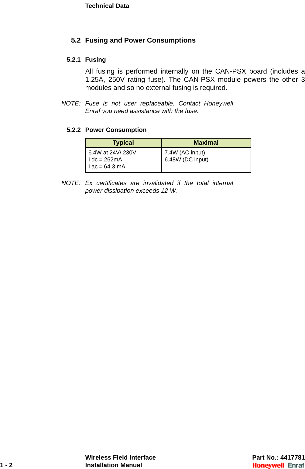 Technical DataWireless Field Interface Part No.: 44177811 - 2 Installation Manual5.2 Fusing and Power Consumptions5.2.1 FusingAll fusing is performed internally on the CAN-PSX board (includes a 1.25A, 250V rating fuse). The CAN-PSX module powers the other 3 modules and so no external fusing is required.NOTE: Fuse is not user replaceable. Contact Honeywell Enraf you need assistance with the fuse.5.2.2 Power ConsumptionNOTE: Ex certificates are invalidated if the total internal power dissipation exceeds 12 W.Typical Maximal6.4W at 24V/ 230VI dc = 262mAI ac = 64.3 mA7.4W (AC input)6.48W (DC input)