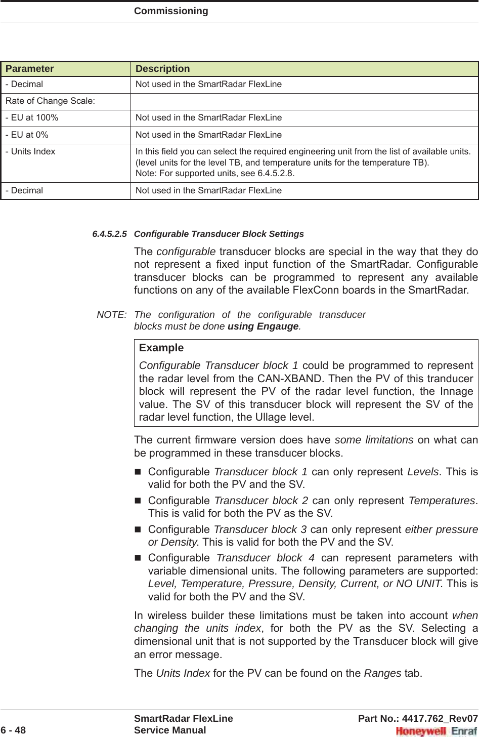 CommissioningSmartRadar FlexLine Part No.: 4417.762_Rev076 - 48 Service Manual6.4.5.2.5 Configurable Transducer Block SettingsThe configurable transducer blocks are special in the way that they do not represent a fixed input function of the SmartRadar. Configurable transducer blocks can be programmed to represent any available functions on any of the available FlexConn boards in the SmartRadar.NOTE: The configuration of the configurable transducer blocks must be done using Engauge.The current firmware version does have some limitations on what can be programmed in these transducer blocks. Configurable Transducer block 1 can only represent Levels. This is valid for both the PV and the SV.Configurable Transducer block 2 can only represent Temperatures.This is valid for both the PV as the SV.Configurable Transducer block 3 can only represent either pressure or Density. This is valid for both the PV and the SV.Configurable Transducer block 4 can represent parameters with variable dimensional units. The following parameters are supported: Level, Temperature, Pressure, Density, Current, or NO UNIT. This is valid for both the PV and the SV.In wireless builder these limitations must be taken into account whenchanging the units index, for both the PV as the SV. Selecting a dimensional unit that is not supported by the Transducer block will give an error message. The Units Index for the PV can be found on the Ranges tab.- Decimal Not used in the SmartRadar FlexLineRate of Change Scale:- EU at 100% Not used in the SmartRadar FlexLine- EU at 0% Not used in the SmartRadar FlexLine- Units Index In this field you can select the required engineering unit from the list of available units. (level units for the level TB, and temperature units for the temperature TB).Note: For supported units, see 6.4.5.2.8.- Decimal Not used in the SmartRadar FlexLineExampleConfigurable Transducer block 1 could be programmed to represent the radar level from the CAN-XBAND. Then the PV of this tranducer block will represent the PV of the radar level function, the Innage value. The SV of this transducer block will represent the SV of the radar level function, the Ullage level.Parameter Description