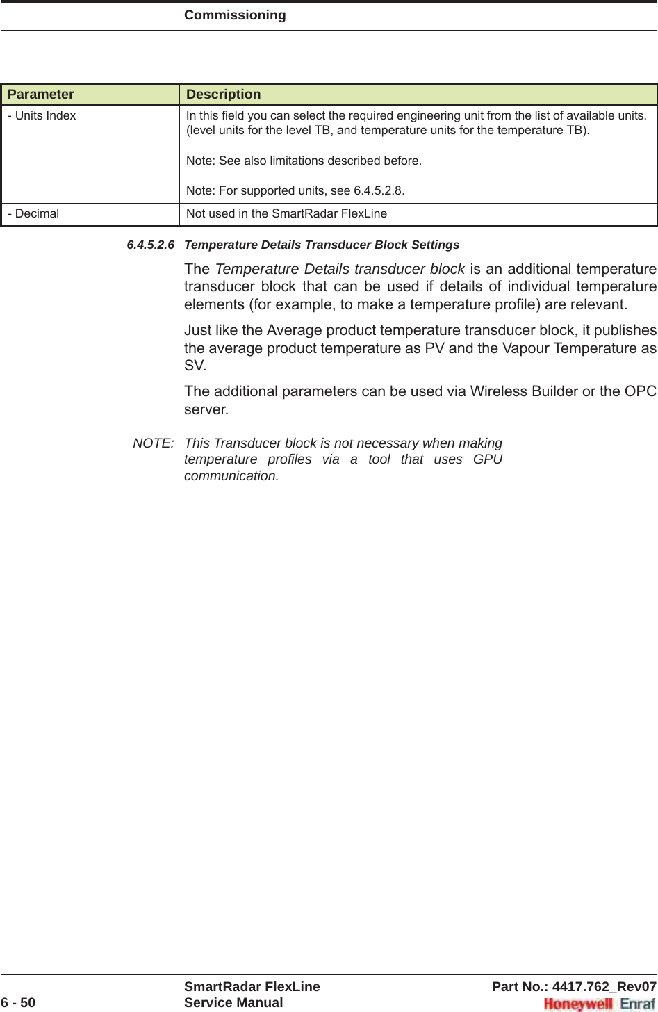 CommissioningSmartRadar FlexLine Part No.: 4417.762_Rev076 - 50 Service Manual6.4.5.2.6 Temperature Details Transducer Block SettingsThe Temperature Details transducer block is an additional temperature transducer block that can be used if details of individual temperature elements (for example, to make a temperature profile) are relevant.Just like the Average product temperature transducer block, it publishes the average product temperature as PV and the Vapour Temperature as SV.The additional parameters can be used via Wireless Builder or the OPC server.NOTE: This Transducer block is not necessary when making temperature profiles via a tool that uses GPU communication.- Units Index In this field you can select the required engineering unit from the list of available units. (level units for the level TB, and temperature units for the temperature TB).Note: See also limitations described before.Note: For supported units, see 6.4.5.2.8.- Decimal Not used in the SmartRadar FlexLineParameter Description