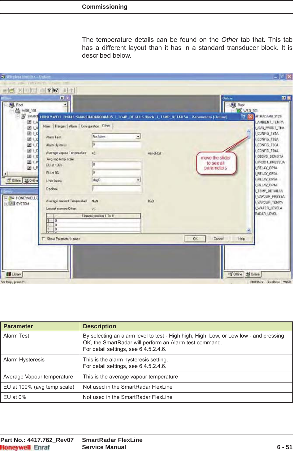 CommissioningPart No.: 4417.762_Rev07 SmartRadar FlexLineService Manual 6 - 51The temperature details can be found on the Other tab that. This tab has a different layout than it has in a standard transducer block. It is described below.Parameter DescriptionAlarm Test By selecting an alarm level to test - High high, High, Low, or Low low - and pressing OK, the SmartRadar will perform an Alarm test command.For detail settings, see 6.4.5.2.4.6.Alarm Hysteresis This is the alarm hysteresis setting.For detail settings, see 6.4.5.2.4.6.Average Vapour temperature This is the average vapour temperatureEU at 100% (avg temp scale) Not used in the SmartRadar FlexLineEU at 0% Not used in the SmartRadar FlexLine