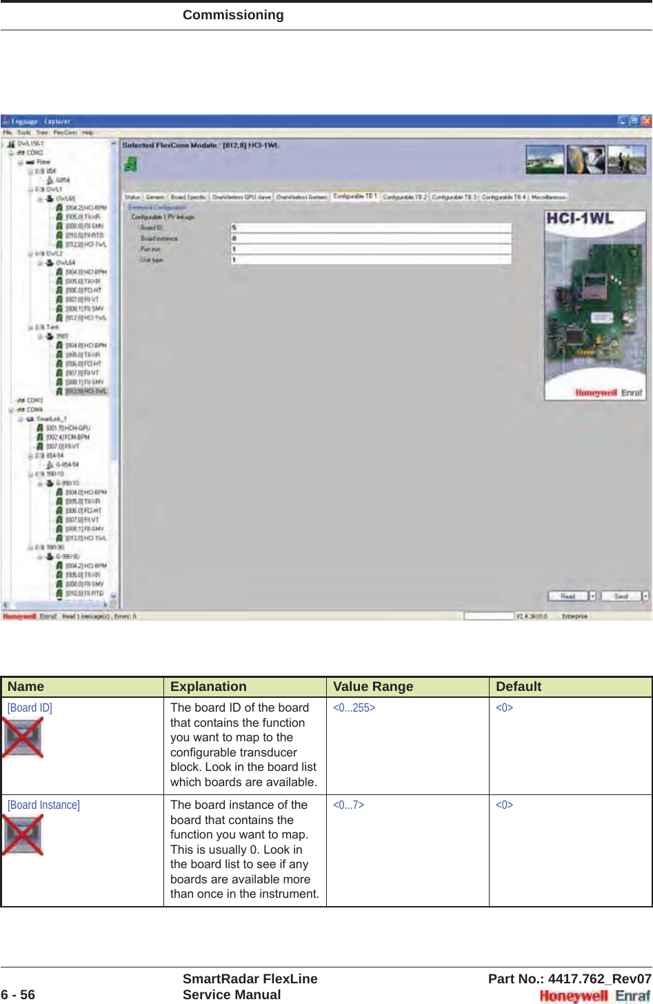 CommissioningSmartRadar FlexLine Part No.: 4417.762_Rev076 - 56 Service ManualName Explanation Value Range Default[Board ID] The board ID of the board that contains the function you want to map to the configurable transducer block. Look in the board list which boards are available.&lt;0...255&gt; &lt;0&gt;[Board Instance] The board instance of the board that contains the function you want to map. This is usually 0. Look in the board list to see if any boards are available more than once in the instrument.&lt;0...7&gt; &lt;0&gt;