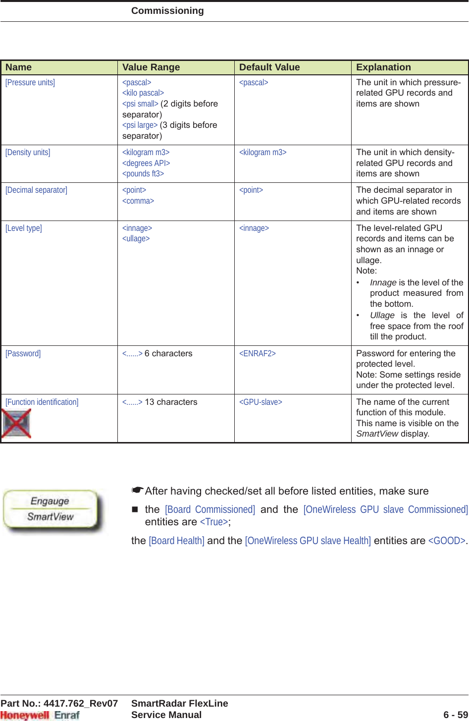 CommissioningPart No.: 4417.762_Rev07 SmartRadar FlexLineService Manual 6 - 59☛After having checked/set all before listed entities, make surethe [Board Commissioned] and the [OneWireless GPU slave Commissioned]entities are &lt;True&gt;;the [Board Health] and the [OneWireless GPU slave Health] entities are &lt;GOOD&gt;.[Pressure units] &lt;pascal&gt;&lt;kilo pascal&gt;&lt;psi small&gt; (2 digits before separator)&lt;psi large&gt; (3 digits before separator)&lt;pascal&gt; The unit in which pressure-related GPU records and items are shown[Density units] &lt;kilogram m3&gt;&lt;degrees API&gt;&lt;pounds ft3&gt;&lt;kilogram m3&gt; The unit in which density-related GPU records and items are shown[Decimal separator] &lt;point&gt;&lt;comma&gt;&lt;point&gt; The decimal separator in which GPU-related records and items are shown[Level type] &lt;innage&gt;&lt;ullage&gt;&lt;innage&gt; The level-related GPU records and items can be shown as an innage or ullage.Note:•Innage is the level of the product measured from the bottom.•Ullage is the level of free space from the roof till the product.[Password] &lt;......&gt; 6 characters &lt;ENRAF2&gt; Password for entering the protected level.Note: Some settings reside under the protected level.[Function identification] &lt;......&gt; 13 characters &lt;GPU-slave&gt; The name of the current function of this module. This name is visible on the SmartView display.Name Value Range Default Value Explanation