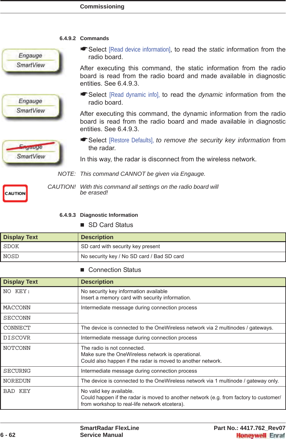 CommissioningSmartRadar FlexLine Part No.: 4417.762_Rev076 - 62 Service Manual6.4.9.2 Commands☛Select [Read device information], to read the static information from the radio board.After executing this command, the static information from the radio board is read from the radio board and made available in diagnostic entities. See 6.4.9.3.☛Select [Read dynamic info], to read the dynamic information from the radio board.After executing this command, the dynamic information from the radio board is read from the radio board and made available in diagnostic entities. See 6.4.9.3.☛Select [Restore Defaults], to remove the security key information from the radar.In this way, the radar is disconnect from the wireless network.NOTE: This command CANNOT be given via Engauge.CAUTION! With this command all settings on the radio board will be erased!6.4.9.3 Diagnostic InformationSD Card StatusConnection StatusDisplay Text DescriptionSDOK SD card with security key presentNOSD No security key / No SD card / Bad SD cardDisplay Text DescriptionNO KEY: No security key information availableInsert a memory card with security information.MACCONN Intermediate message during connection processSECCONNCONNECT The device is connected to the OneWireless network via 2 multinodes / gateways.DISCOVR Intermediate message during connection processNOTCONN The radio is not connected.Make sure the OneWireless network is operational.Could also happen if the radar is moved to another network.SECURNG Intermediate message during connection processNOREDUN The device is connected to the OneWireless network via 1 multinode / gateway only.BAD KEY No valid key available.Could happen if the radar is moved to another network (e.g. from factory to customer/ from workshop to real-life network etcetera).