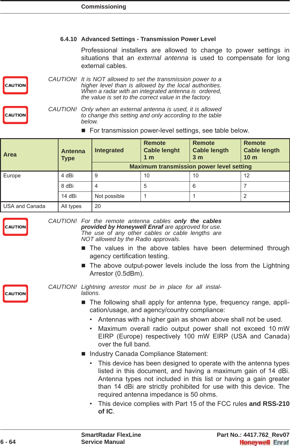 CommissioningSmartRadar FlexLine Part No.: 4417.762_Rev076 - 64 Service Manual6.4.10 Advanced Settings - Transmission Power LevelProfessional installers are allowed to change to power settings in situations that an external antenna is used to compensate for long external cables.CAUTION! It is NOT allowed to set the transmission power to a higher level than is allowed by the local authorities. When a radar with an integrated antenna is  ordered, the value is set to the correct value in the factory. CAUTION! Only when an external antenna is used, it is allowed to change this setting and only according to the table below.For transmission power-level settings, see table below.CAUTION! For the remote antenna cables only the cables provided by Honeywell Enraf are approved for use. The use of any other cables or cable lengths are NOT allowed by the Radio approvals.The values in the above tables have been determined through agency certification testing.The above output-power levels include the loss from the Lightning Arrestor (0.5dBm).CAUTION! Lightning arrestor must be in place for all instal-lations.The following shall apply for antenna type, frequency range, appli-cation/usage, and agency/country compliance:  • Antennas with a higher gain as shown above shall not be used. • Maximum overall radio output power shall not exceed 10 mW EIRP (Europe) respectively 100 mW EIRP (USA and Canada) over the full band.Industry Canada Compliance Statement: • This device has been designed to operate with the antenna types listed in this document, and having a maximum gain of 14 dBi. Antenna types not included in this list or having a gain greater than 14 dBi are strictly prohibited for use with this device. The required antenna impedance is 50 ohms.• This device complies with Part 15 of the FCC rules and RSS-210 of IC.Area Antenna TypeIntegrated RemoteCable lenght1 mRemoteCable length 3 mRemoteCable length 10 mMaximum transmission power level settingEurope 4 dBi 9 10 10 128 dBi 4 5 6 714 dBi Not possible 1 1 2USA and Canada All types 20