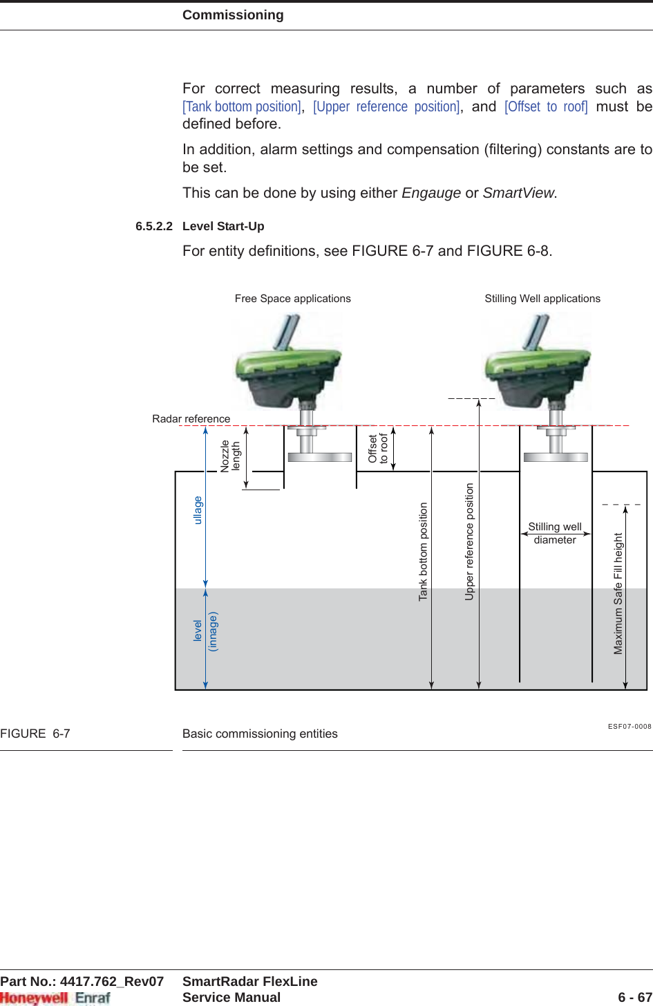 CommissioningPart No.: 4417.762_Rev07 SmartRadar FlexLineService Manual 6 - 67For correct measuring results, a number of parameters such as [Tank bottom position],[Upper reference position], and [Offset to roof] must be defined before.In addition, alarm settings and compensation (filtering) constants are to be set.This can be done by using either Engauge or SmartView.6.5.2.2 Level Start-UpFor entity definitions, see FIGURE 6-7 and FIGURE 6-8.ESF07-0008FIGURE  6-7 Basic commissioning entitiesRadar referenceMaximum Safe Fill heightlevel ullage(innage)NozzlelengthFree Space applications Stilling Well applicationsOffsetto roofTank bottom positionUpper reference positionStilling welldiameter