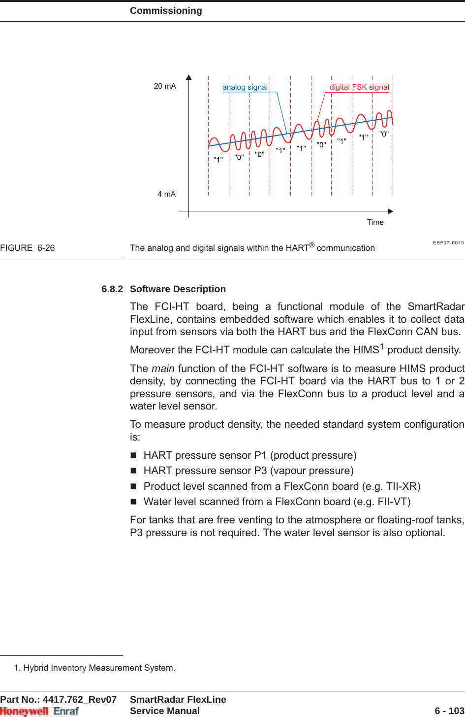 CommissioningPart No.: 4417.762_Rev07 SmartRadar FlexLineService Manual 6 - 103ESF07-0015FIGURE  6-26 The analog and digital signals within the HART® communication6.8.2 Software DescriptionThe FCI-HT board, being a functional module of the SmartRadar FlexLine, contains embedded software which enables it to collect data input from sensors via both the HART bus and the FlexConn CAN bus.Moreover the FCI-HT module can calculate the HIMS1 product density.The main function of the FCI-HT software is to measure HIMS product density, by connecting the FCI-HT board via the HART bus to 1 or 2 pressure sensors, and via the FlexConn bus to a product level and a water level sensor.To measure product density, the needed standard system configuration is:HART pressure sensor P1 (product pressure)HART pressure sensor P3 (vapour pressure)Product level scanned from a FlexConn board (e.g. TII-XR)Water level scanned from a FlexConn board (e.g. FII-VT)For tanks that are free venting to the atmosphere or floating-roof tanks, P3 pressure is not required. The water level sensor is also optional.1. Hybrid Inventory Measurement System.20 mA4 mATimeanalog signal digital FSK signal