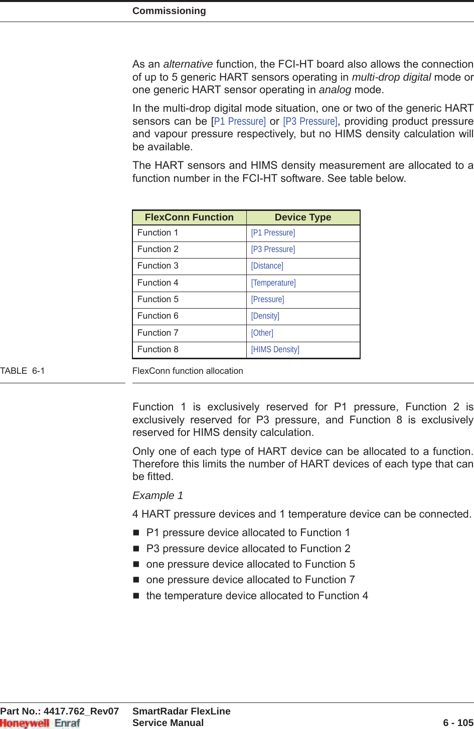 CommissioningPart No.: 4417.762_Rev07 SmartRadar FlexLineService Manual 6 - 105As an alternative function, the FCI-HT board also allows the connection of up to 5 generic HART sensors operating in multi-drop digital mode or one generic HART sensor operating in analog mode.In the multi-drop digital mode situation, one or two of the generic HART sensors can be [P1 Pressure] or [P3 Pressure], providing product pressure and vapour pressure respectively, but no HIMS density calculation will be available.The HART sensors and HIMS density measurement are allocated to a function number in the FCI-HT software. See table below.TABLE  6-1 FlexConn function allocationFunction 1 is exclusively reserved for P1 pressure, Function 2 is exclusively reserved for P3 pressure, and Function 8 is exclusively reserved for HIMS density calculation.Only one of each type of HART device can be allocated to a function. Therefore this limits the number of HART devices of each type that can be fitted.Example 14 HART pressure devices and 1 temperature device can be connected.P1 pressure device allocated to Function 1P3 pressure device allocated to Function 2one pressure device allocated to Function 5one pressure device allocated to Function 7the temperature device allocated to Function 4FlexConn Function Device TypeFunction 1 [P1 Pressure]Function 2 [P3 Pressure]Function 3 [Distance]Function 4 [Temperature]Function 5 [Pressure]Function 6 [Density]Function 7 [Other]Function 8 [HIMS Density]