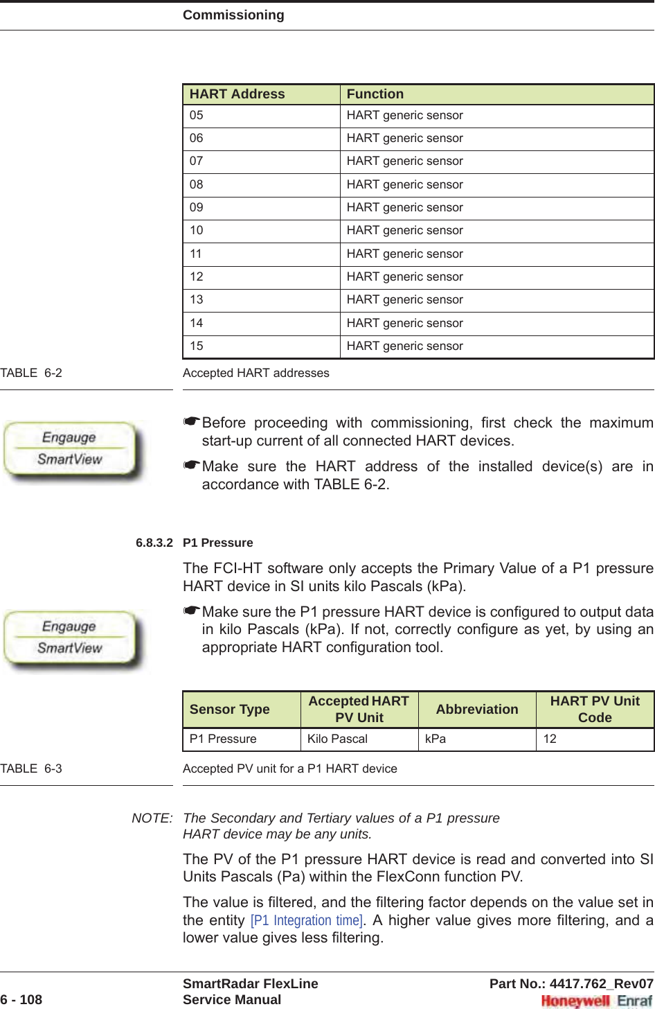 CommissioningSmartRadar FlexLine Part No.: 4417.762_Rev076 - 108 Service ManualTABLE  6-2 Accepted HART addresses☛Before proceeding with commissioning, first check the maximum start-up current of all connected HART devices.☛Make sure the HART address of the installed device(s) are in accordance with TABLE 6-2.6.8.3.2 P1 PressureThe FCI-HT software only accepts the Primary Value of a P1 pressure HART device in SI units kilo Pascals (kPa). ☛Make sure the P1 pressure HART device is configured to output data in kilo Pascals (kPa). If not, correctly configure as yet, by using an appropriate HART configuration tool.TABLE  6-3 Accepted PV unit for a P1 HART deviceNOTE: The Secondary and Tertiary values of a P1 pressure HART device may be any units.The PV of the P1 pressure HART device is read and converted into SI Units Pascals (Pa) within the FlexConn function PV.The value is filtered, and the filtering factor depends on the value set in the entity [P1 Integration time]. A higher value gives more filtering, and a lower value gives less filtering.05 HART generic sensor06 HART generic sensor07 HART generic sensor08 HART generic sensor09 HART generic sensor10 HART generic sensor11 HART generic sensor12 HART generic sensor13 HART generic sensor14 HART generic sensor15 HART generic sensorSensor Type Accepted HART PV Unit Abbreviation HART PV Unit CodeP1 Pressure Kilo Pascal kPa 12HART Address Function