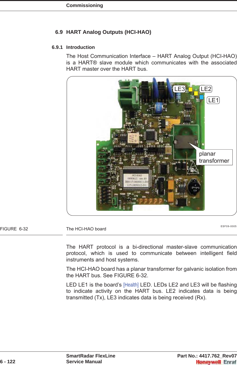 CommissioningSmartRadar FlexLine Part No.: 4417.762_Rev076 - 122 Service Manual6.9 HART Analog Outputs (HCI-HAO)6.9.1 IntroductionThe Host Communication Interface – HART Analog Output (HCI-HAO) is a HART® slave module which communicates with the associated HART master over the HART bus.ESF09-0005FIGURE  6-32 The HCI-HAO boardThe HART protocol is a bi-directional master-slave communication protocol, which is used to communicate between intelligent field instruments and host systems.The HCI-HAO board has a planar transformer for galvanic isolation from the HART bus. See FIGURE 6-32.LED LE1 is the board’s [Health] LED. LEDs LE2 and LE3 will be flashing to indicate activity on the HART bus. LE2 indicates data is being transmitted (Tx), LE3 indicates data is being received (Rx).LE1LE2LE3planartransformer