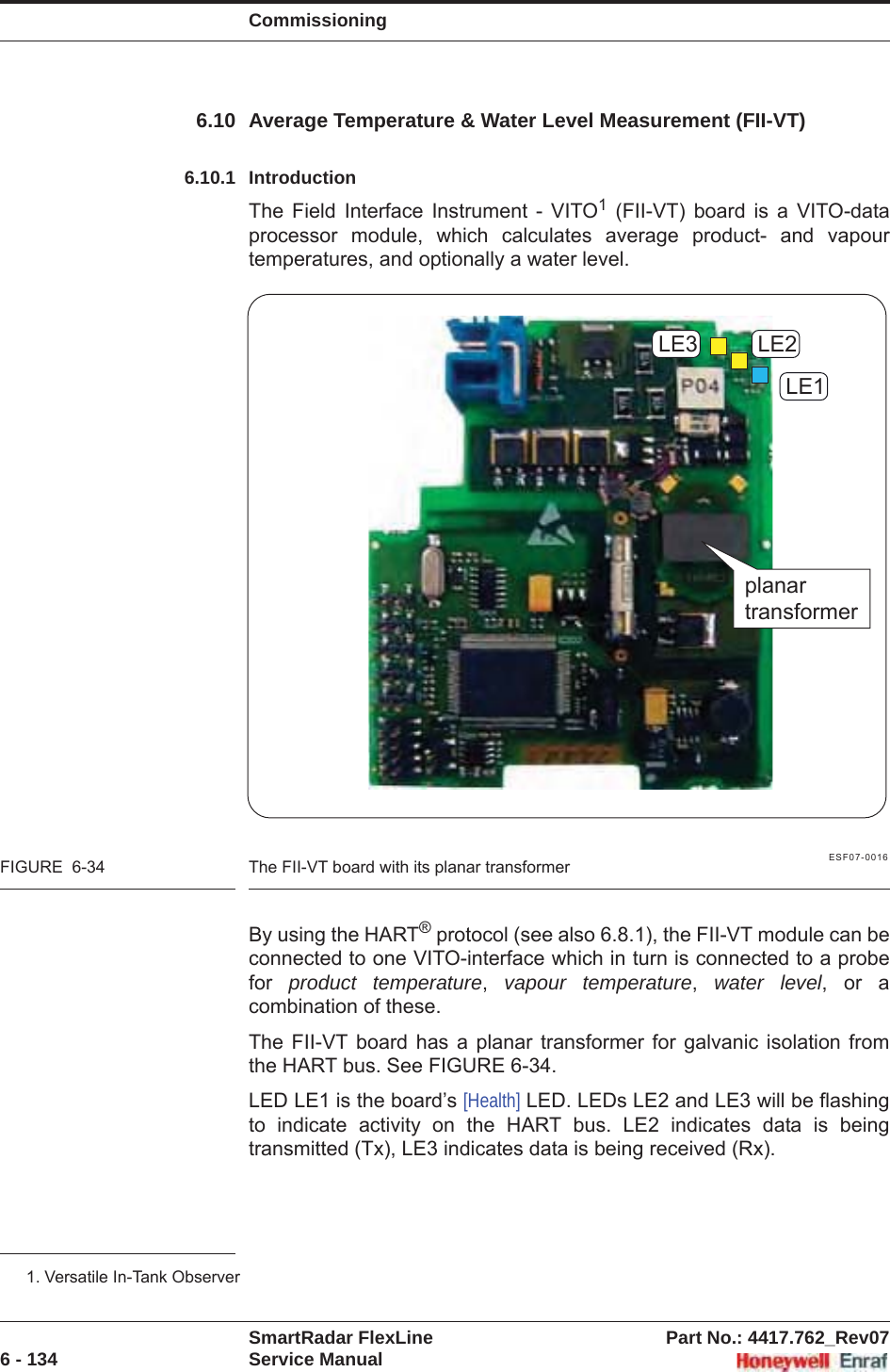 CommissioningSmartRadar FlexLine Part No.: 4417.762_Rev076 - 134 Service Manual6.10 Average Temperature &amp; Water Level Measurement (FII-VT)6.10.1 IntroductionThe Field Interface Instrument - VITO1 (FII-VT) board is a VITO-data processor module, which calculates average product- and vapour temperatures, and optionally a water level.ESF07-0016FIGURE  6-34 The FII-VT board with its planar transformerBy using the HART® protocol (see also 6.8.1), the FII-VT module can be connected to one VITO-interface which in turn is connected to a probe for product temperature,vapour temperature,water level, or a combination of these.The FII-VT board has a planar transformer for galvanic isolation from the HART bus. See FIGURE 6-34.LED LE1 is the board’s [Health] LED. LEDs LE2 and LE3 will be flashing to indicate activity on the HART bus. LE2 indicates data is being transmitted (Tx), LE3 indicates data is being received (Rx).1. Versatile In-Tank ObserverLE1LE2LE3planartransformer