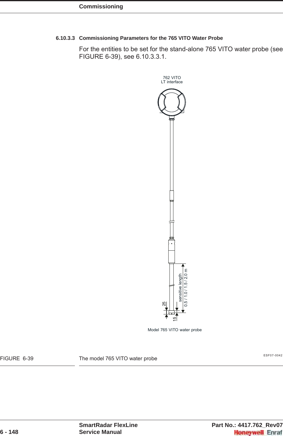 CommissioningSmartRadar FlexLine Part No.: 4417.762_Rev076 - 148 Service Manual6.10.3.3 Commissioning Parameters for the 765 VITO Water ProbeFor the entities to be set for the stand-alone 765 VITO water probe (see FIGURE 6-39), see 6.10.3.3.1.ESF07-0042FIGURE  6-39 The model 765 VITO water probe762 VITOLT interfaceModel 765 VITO water probesensitive length0.5 / 1.0 / 1.5 / 2.0 m2515