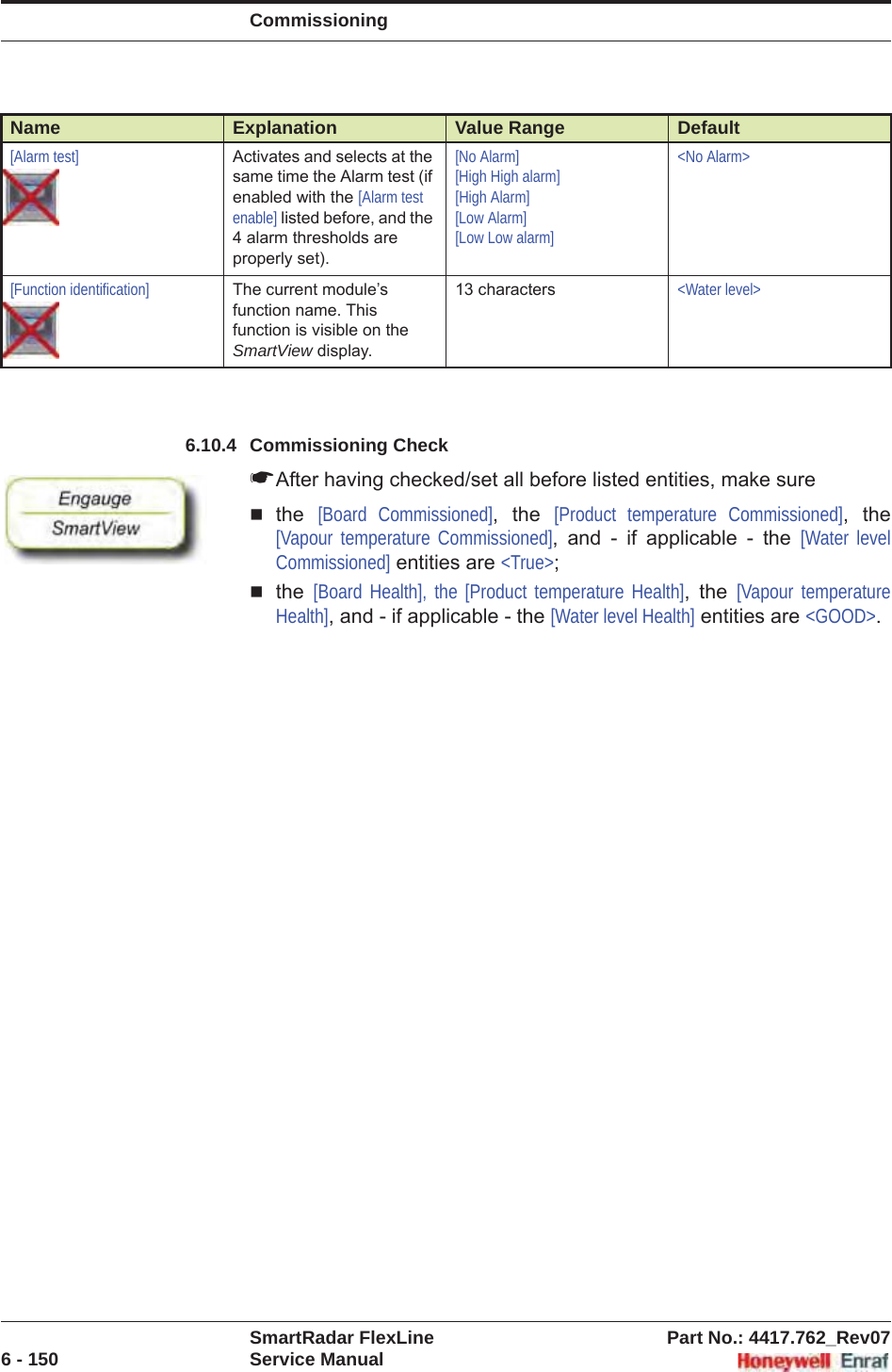 CommissioningSmartRadar FlexLine Part No.: 4417.762_Rev076 - 150 Service Manual6.10.4 Commissioning Check☛After having checked/set all before listed entities, make surethe [Board Commissioned], the [Product temperature Commissioned], the [Vapour temperature Commissioned], and - if applicable - the [Water level Commissioned] entities are &lt;True&gt;;the [Board Health], the [Product temperature Health], the [Vapour temperature Health], and - if applicable - the [Water level Health] entities are &lt;GOOD&gt;.[Alarm test] Activates and selects at the same time the Alarm test (if enabled with the [Alarm test enable] listed before, and the 4 alarm thresholds are properly set).[No Alarm][High High alarm][High Alarm][Low Alarm][Low Low alarm]&lt;No Alarm&gt;[Function identification] The current module’s function name. This function is visible on the SmartView display.13 characters &lt;Water level&gt;Name Explanation Value Range Default