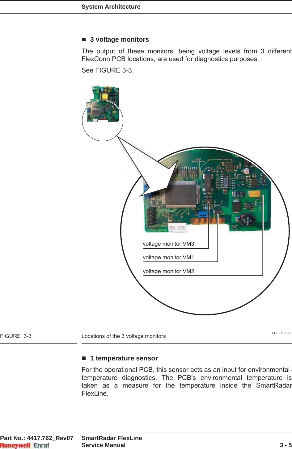 System ArchitecturePart No.: 4417.762_Rev07 SmartRadar FlexLineService Manual 3 - 53 voltage monitorsThe output of these monitors, being voltage levels from 3 different FlexConn PCB locations, are used for diagnostics purposes.See FIGURE 3-3.ESF07-0023FIGURE  3-3 Locations of the 3 voltage monitors1 temperature sensorFor the operational PCB, this sensor acts as an input for environmental-temperature diagnostics. The PCB’s environmental temperature is taken as a measure for the temperature inside the SmartRadar FlexLine.voltage monitor VM3voltage monitor VM1voltage monitor VM2