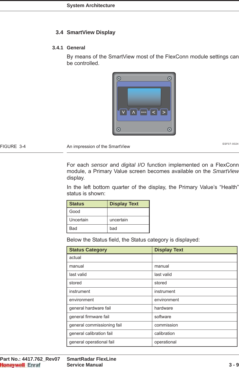 System ArchitecturePart No.: 4417.762_Rev07 SmartRadar FlexLineService Manual 3 - 93.4 SmartView Display3.4.1 GeneralBy means of the SmartView most of the FlexConn module settings can be controlled.ESF07-0024FIGURE  3-4 An impression of the SmartViewFor each sensor and digital I/O function implemented on a FlexConn module, a Primary Value screen becomes available on the SmartViewdisplay.In the left bottom quarter of the display, the Primary Value’s “Health” status is shown:Below the Status field, the Status category is displayed:Status Display TextGoodUncertain uncertainBad badStatus Category Display Textactualmanual manuallast valid last validstored storedinstrument instrumentenvironment environmentgeneral hardware fail hardwaregeneral firmware fail softwaregeneral commissioning fail commissiongeneral calibration fail calibrationgeneral operational fail operational&gt;&lt;&lt;&lt;MAIN