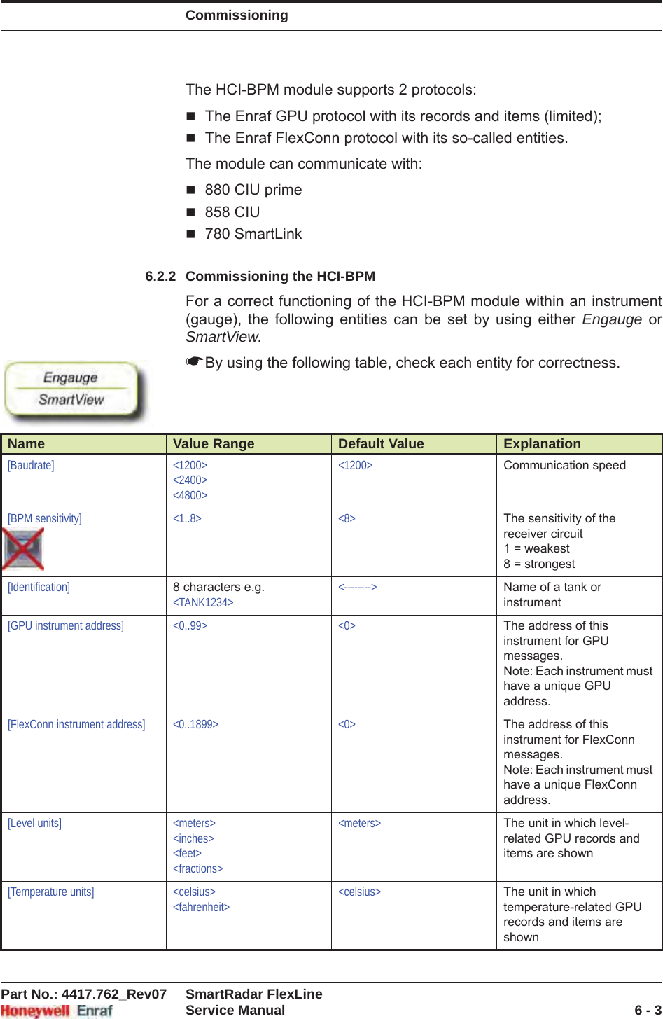 CommissioningPart No.: 4417.762_Rev07 SmartRadar FlexLineService Manual 6 - 3The HCI-BPM module supports 2 protocols:The Enraf GPU protocol with its records and items (limited);The Enraf FlexConn protocol with its so-called entities.The module can communicate with:880 CIU prime858 CIU780 SmartLink6.2.2 Commissioning the HCI-BPMFor a correct functioning of the HCI-BPM module within an instrument (gauge), the following entities can be set by using either Engauge or SmartView.☛By using the following table, check each entity for correctness.Name Value Range Default Value Explanation[Baudrate] &lt;1200&gt;&lt;2400&gt;&lt;4800&gt;&lt;1200&gt; Communication speed[BPM sensitivity] &lt;1..8&gt; &lt;8&gt; The sensitivity of the receiver circuit1 = weakest8 = strongest[Identification] 8 characters e.g.&lt;TANK1234&gt;&lt;--------&gt; Name of a tank or instrument[GPU instrument address] &lt;0..99&gt; &lt;0&gt; The address of this instrument for GPU messages.Note: Each instrument must have a unique GPU address.[FlexConn instrument address] &lt;0..1899&gt; &lt;0&gt; The address of this instrument for FlexConn messages.Note: Each instrument must have a unique FlexConn address.[Level units] &lt;meters&gt;&lt;inches&gt;&lt;feet&gt;&lt;fractions&gt;&lt;meters&gt; The unit in which level-related GPU records and items are shown[Temperature units] &lt;celsius&gt;&lt;fahrenheit&gt;&lt;celsius&gt; The unit in which temperature-related GPU records and items are shown